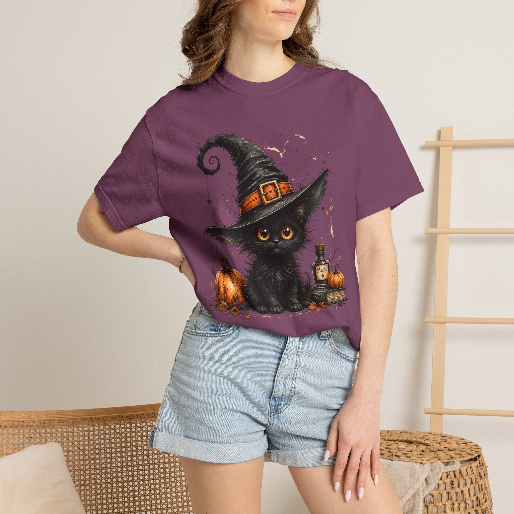 Fluffy Black Kitten Witch T-Shirt — 'Magic' Spellbook Halloween Tee