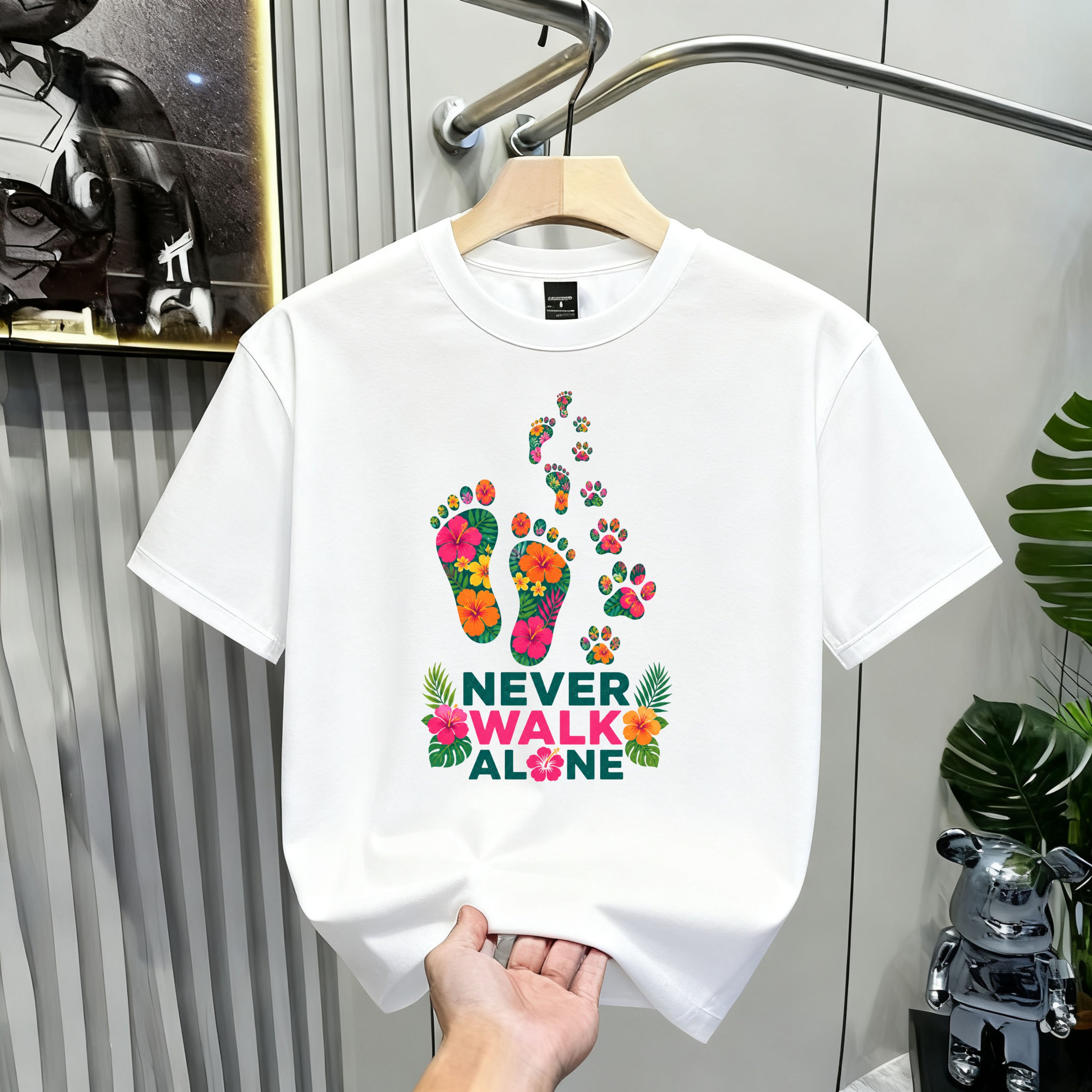 Never Walk Alone T-Shirt — Tropical Footprints & Paw Prints Graphic