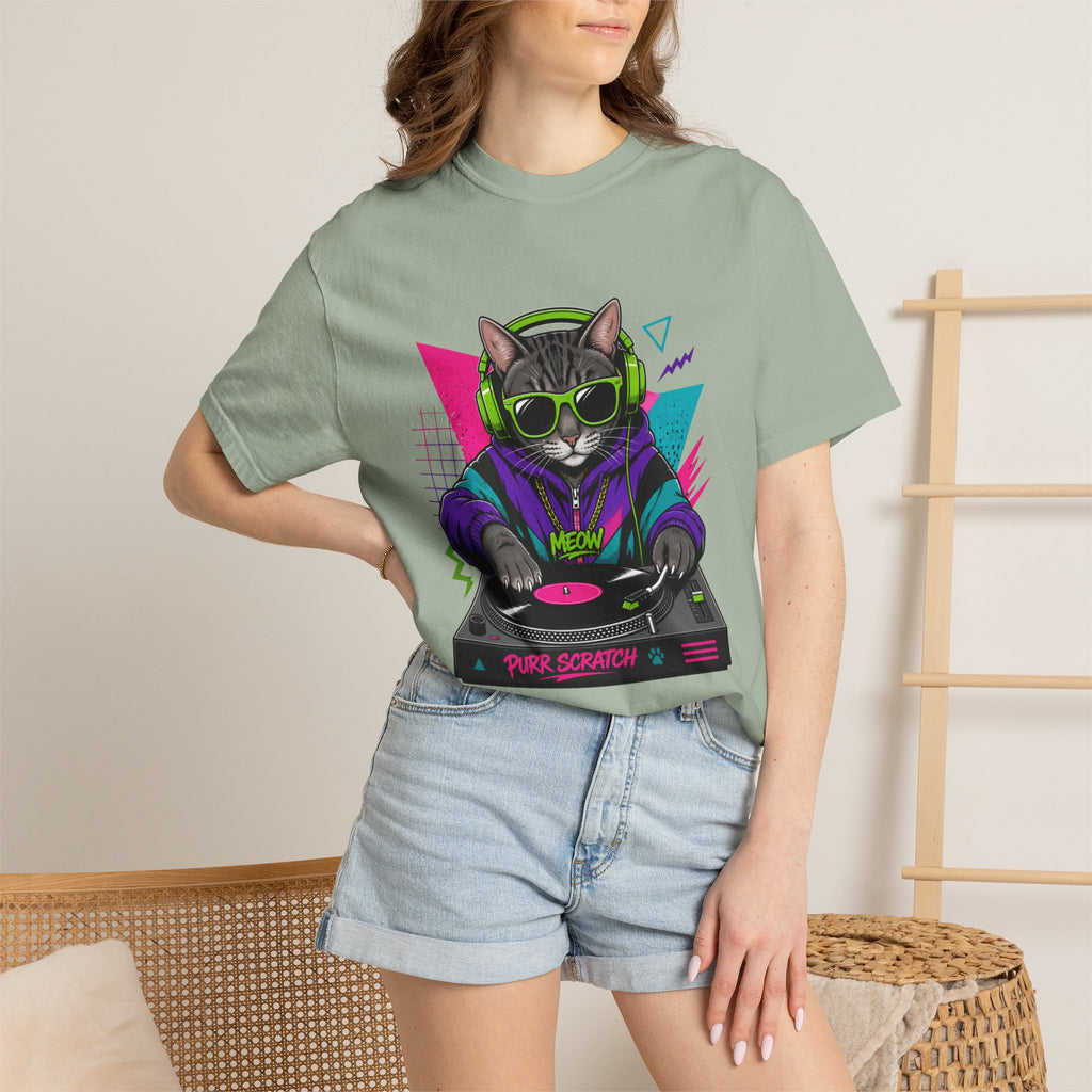 Purr Scratch DJ Cat T-Shirt — Retro 90s Neon Vinyl Graphic Tee