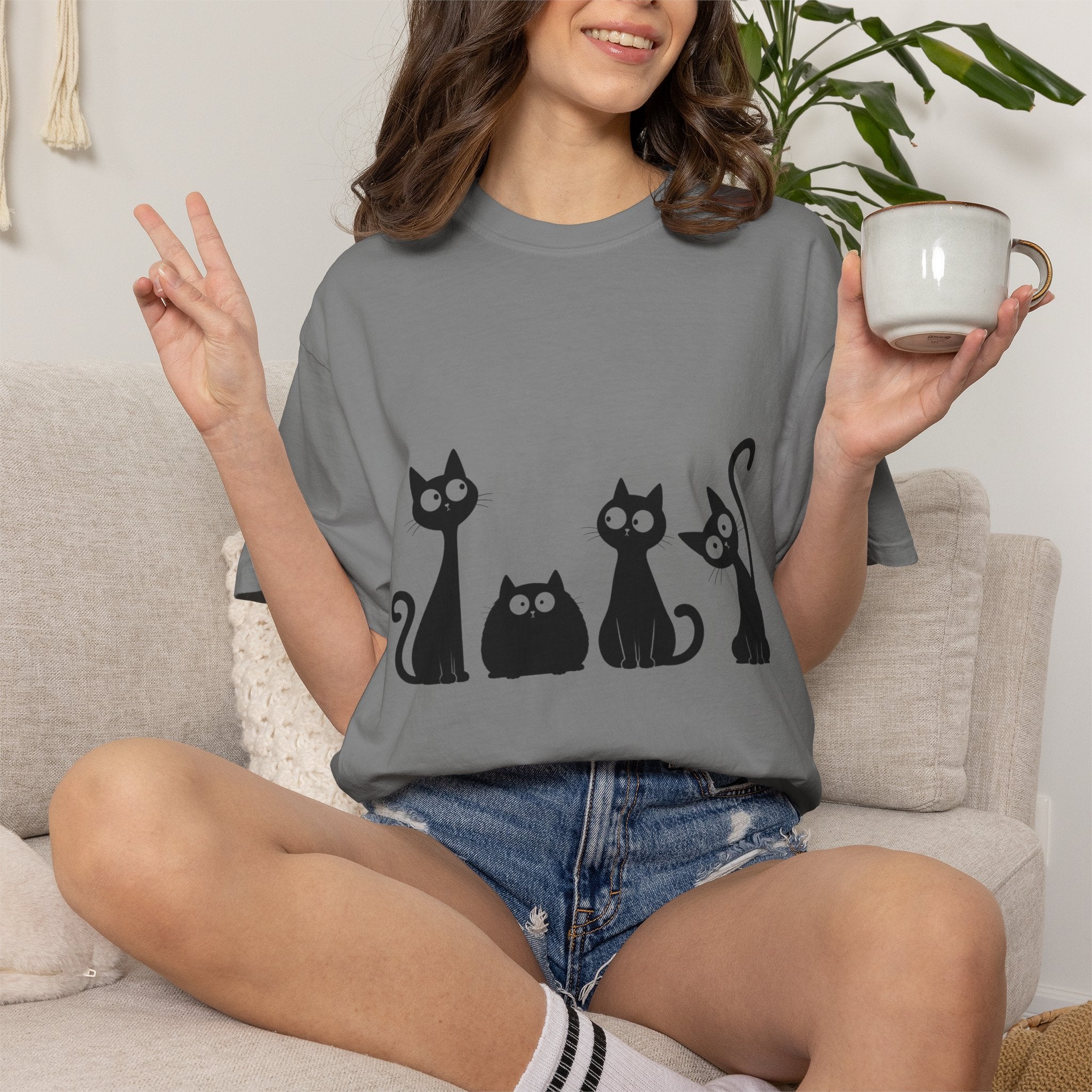 Funny Quirky Black Cats T-Shirt — Minimal Silhouette Cartoon Cat Tee
