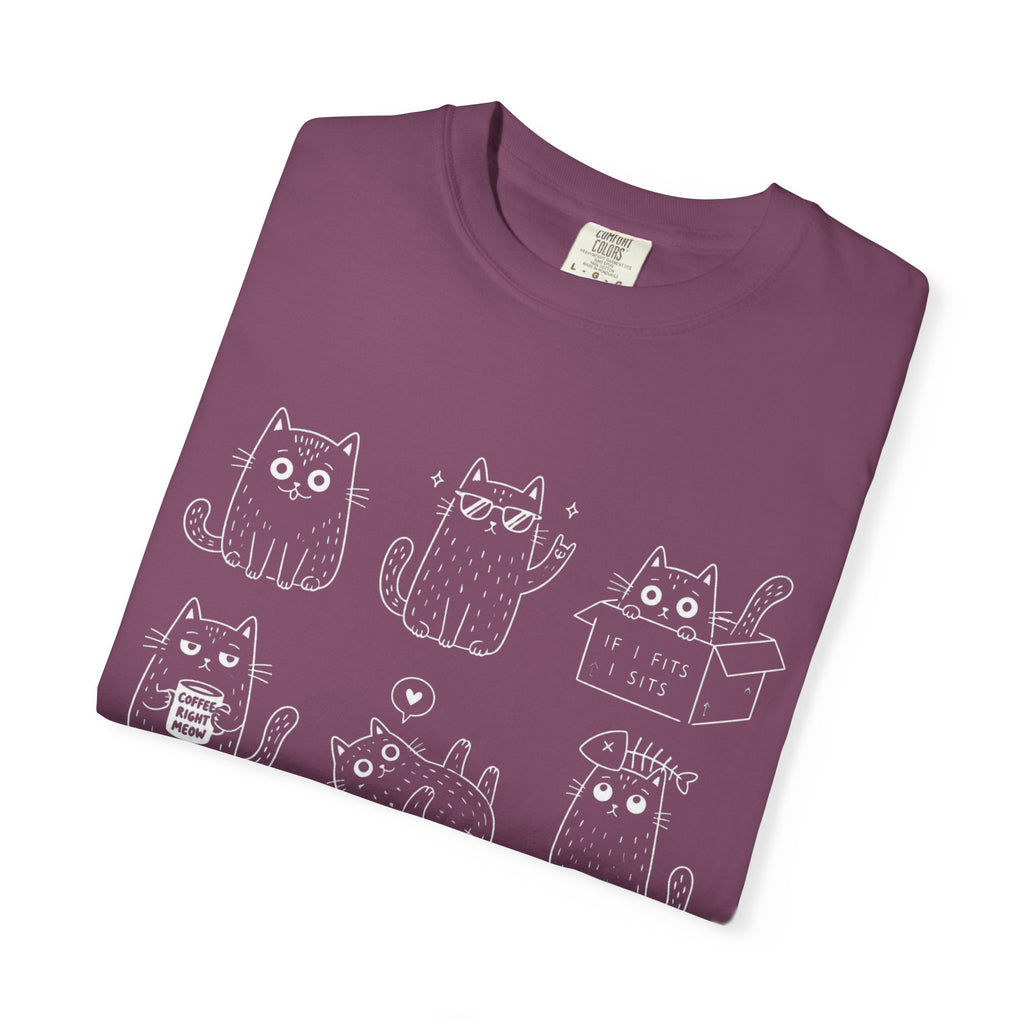 Cute Cats 3x3 Line Art T-Shirt — Funny Cat Doodles ("IF I FITS I SITS", "COFFEE RIGHT MEOW")
