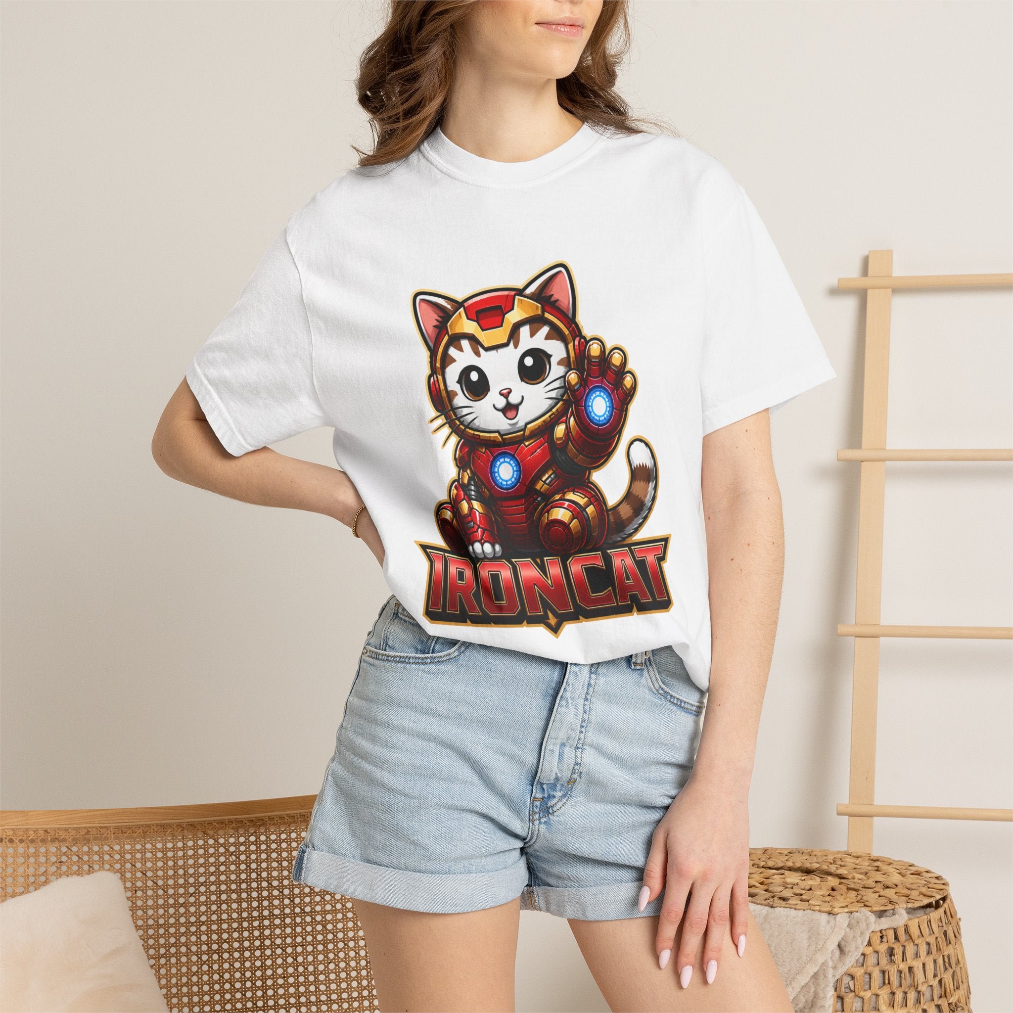 IRONCAT Tabby Kitten Graphic T-Shirt — Cute Chibi Superhero Tee