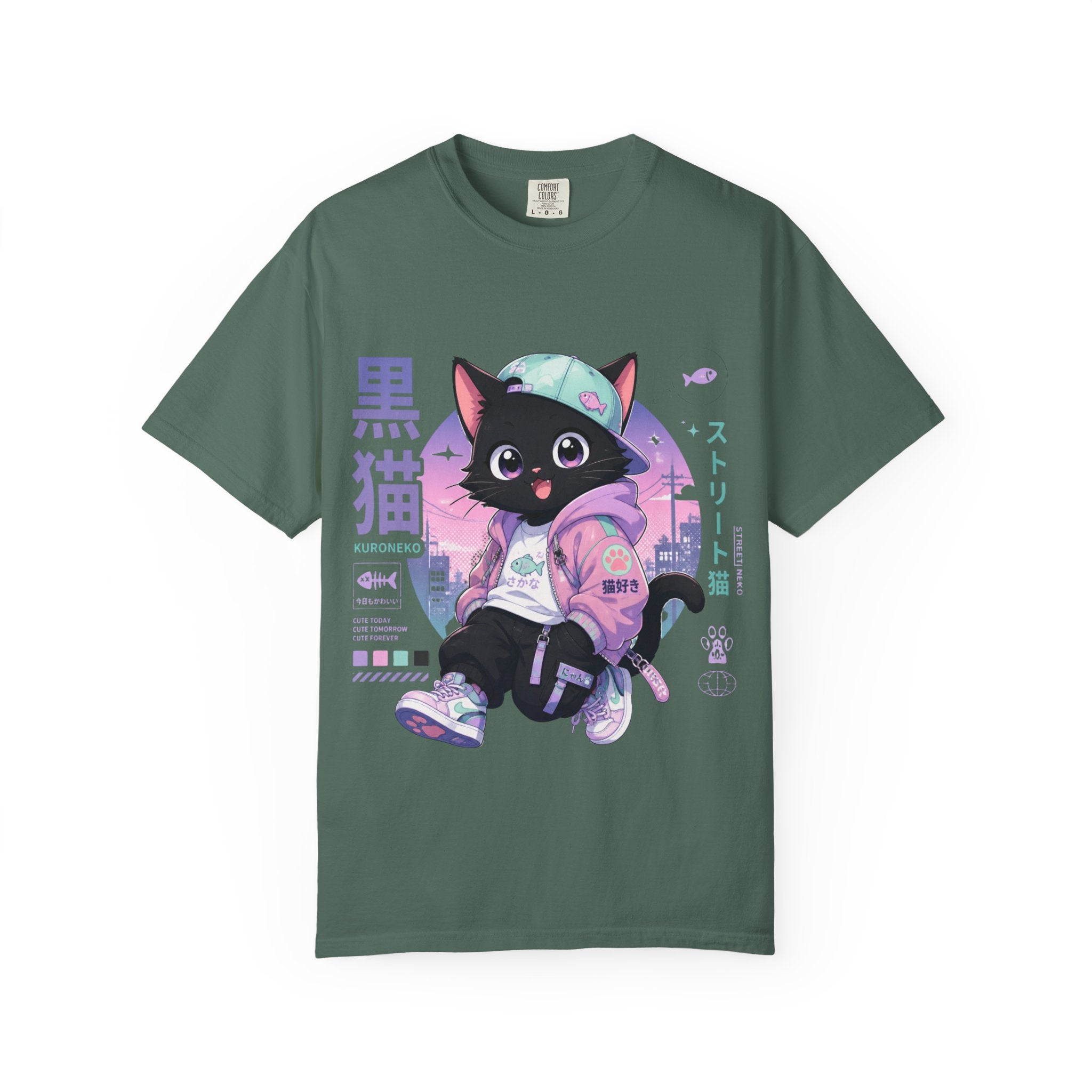 Chibi Black Cat Streetwear T-Shirt — Pastel Anime Cityscape (Kanji Accent)