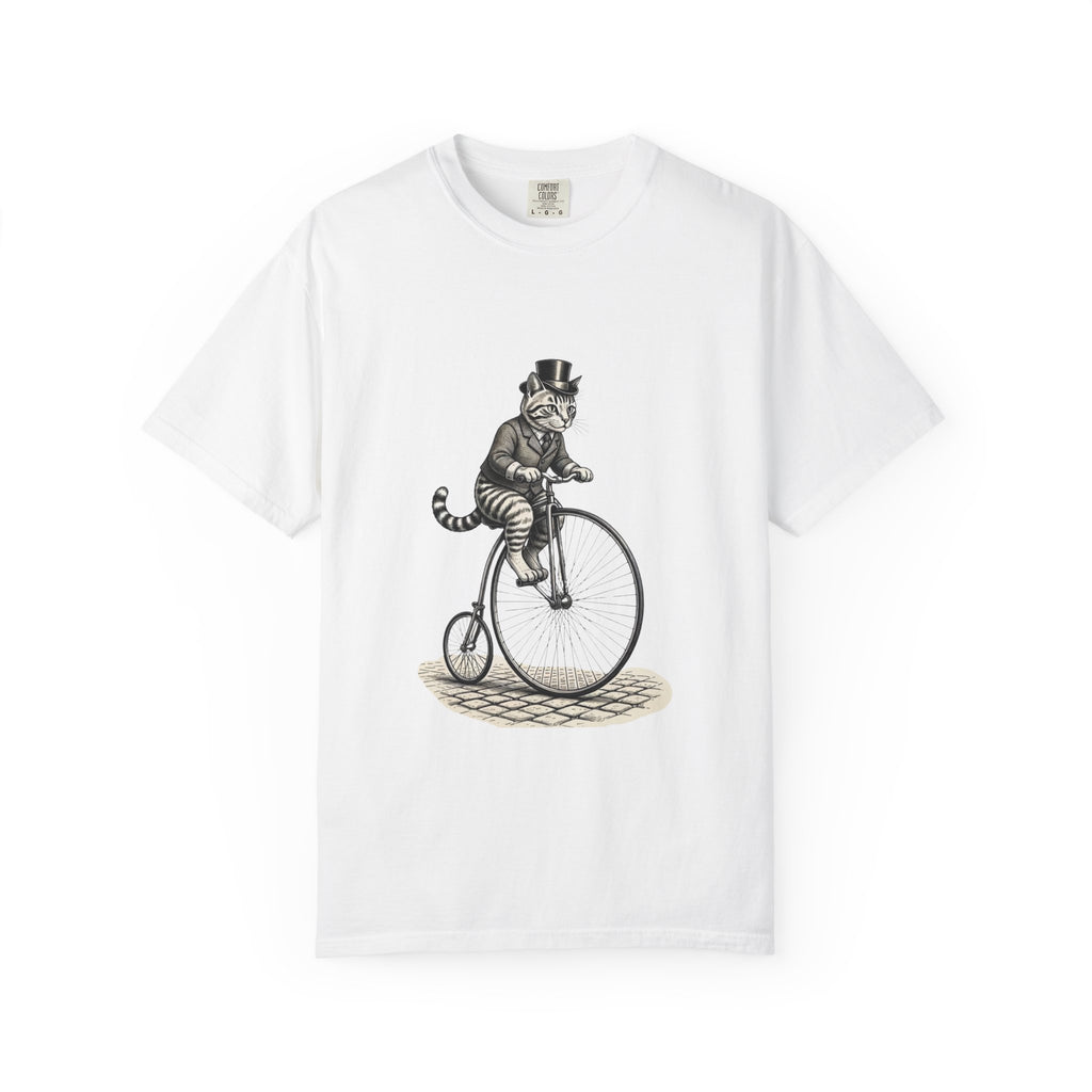 Victorian Dapper Tabby Cat T-Shirt — Penny-Farthing Bicycle Engraving