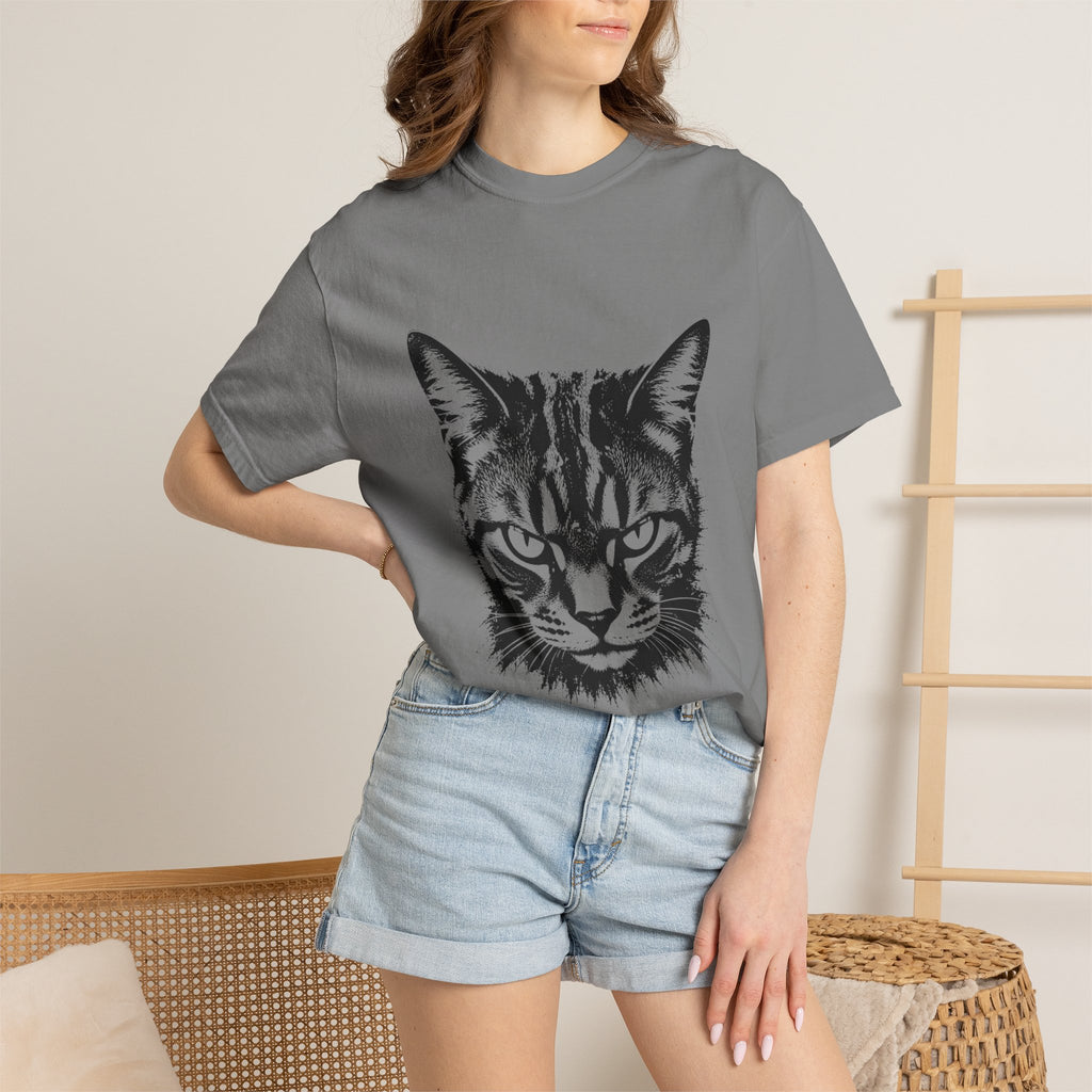 Tabby Cat Ink Portrait T-Shirt — Monochrome Fierce Cat Graphic