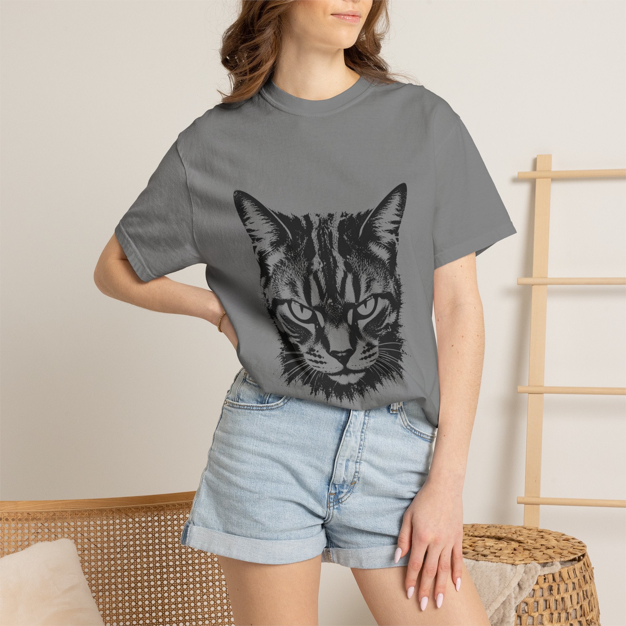 Tabby Cat Ink Portrait T-Shirt — Monochrome Fierce Cat Graphic