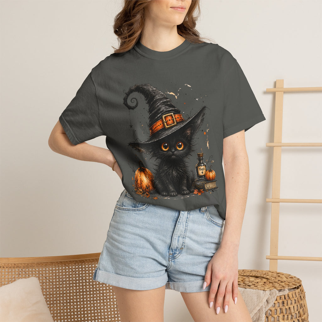 Fluffy Black Kitten Witch T-Shirt — 'Magic' Spellbook Halloween Tee