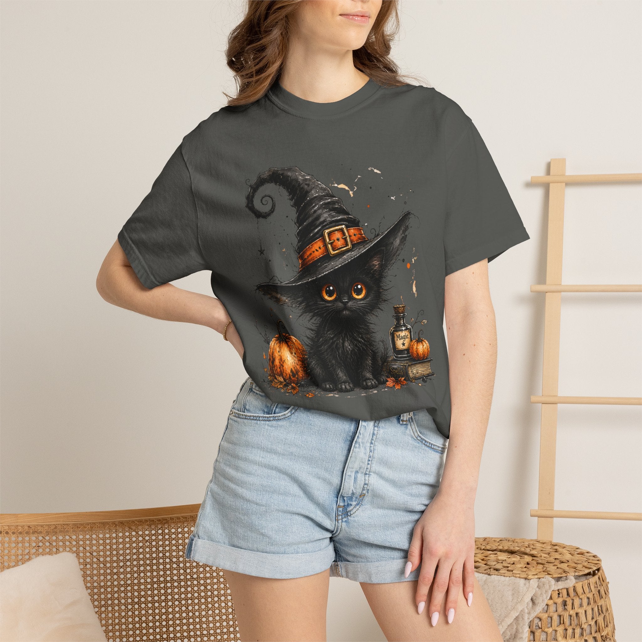 Fluffy Black Kitten Witch T-Shirt — 'Magic' Spellbook Halloween Tee