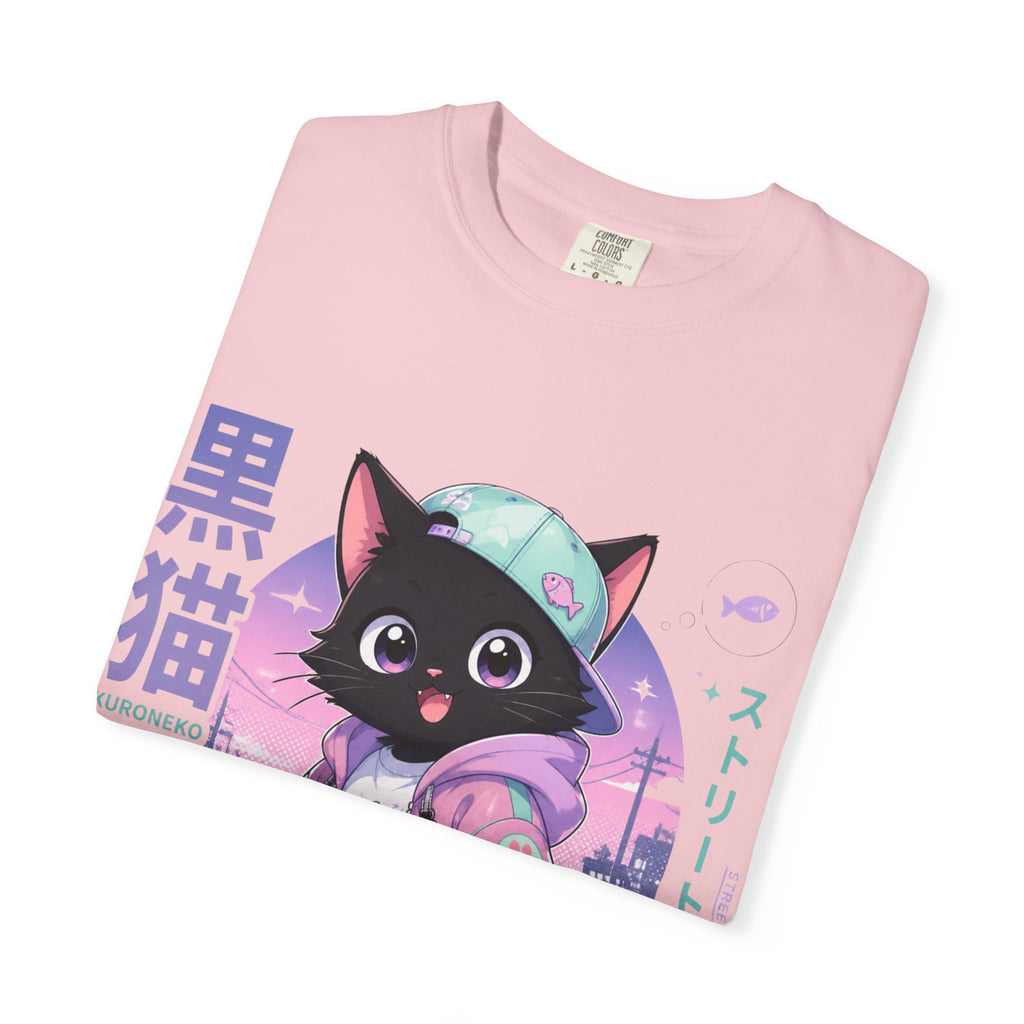 Chibi Black Cat Streetwear T-Shirt — Pastel Anime Cityscape (Kanji Accent)