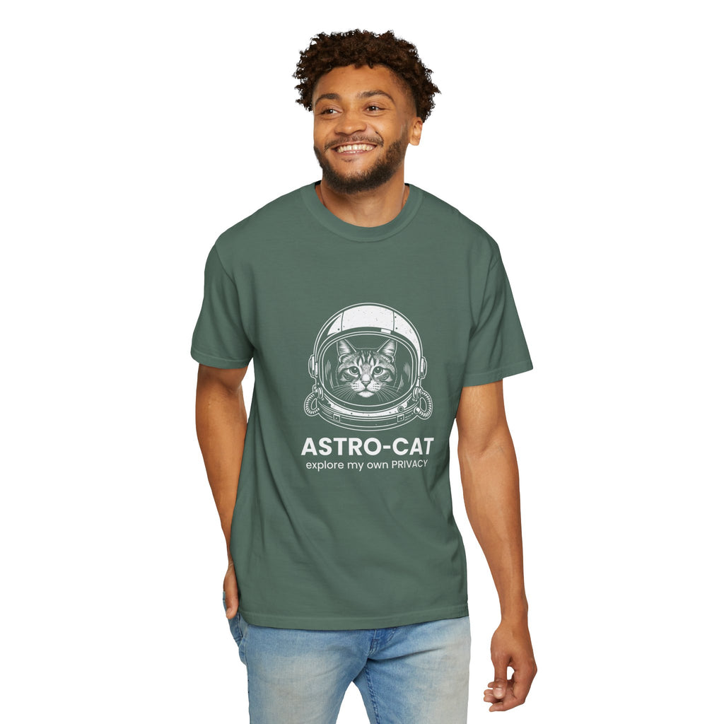 Astro-Cat Tabby Helmet T-Shirt — "explore my own PRIVACY" Retro Space Tee