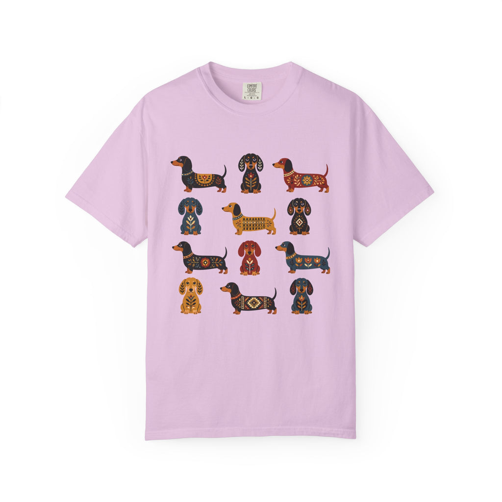 Dachshund Folk Art T-Shirt — 12 Nordic Pattern Wiener Dogs