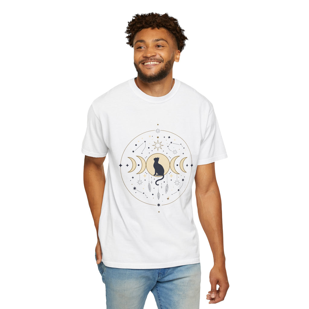 Celestial Cat Moon Phases T-Shirt — Gold & Black Cat Astronomy Tee