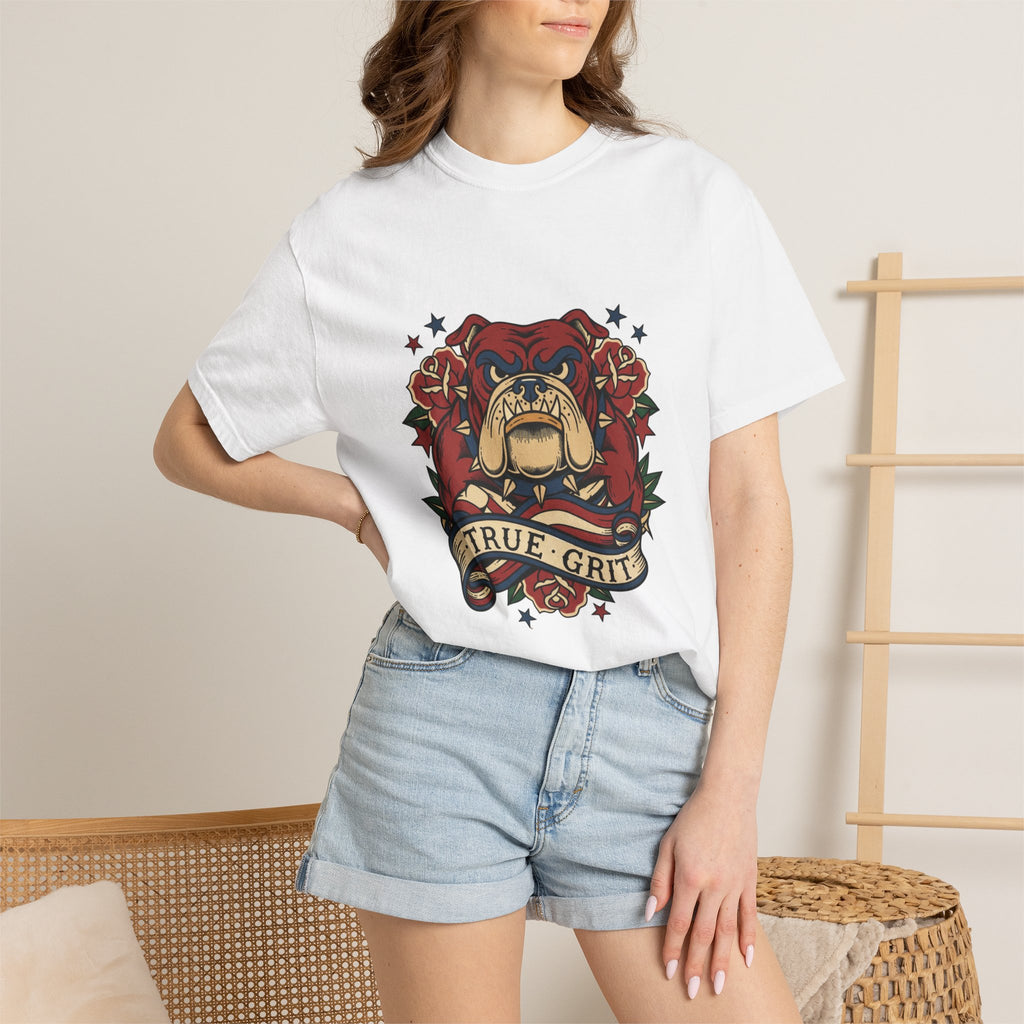 True Grit English Bulldog T-Shirt — Traditional Tattoo Rose Design