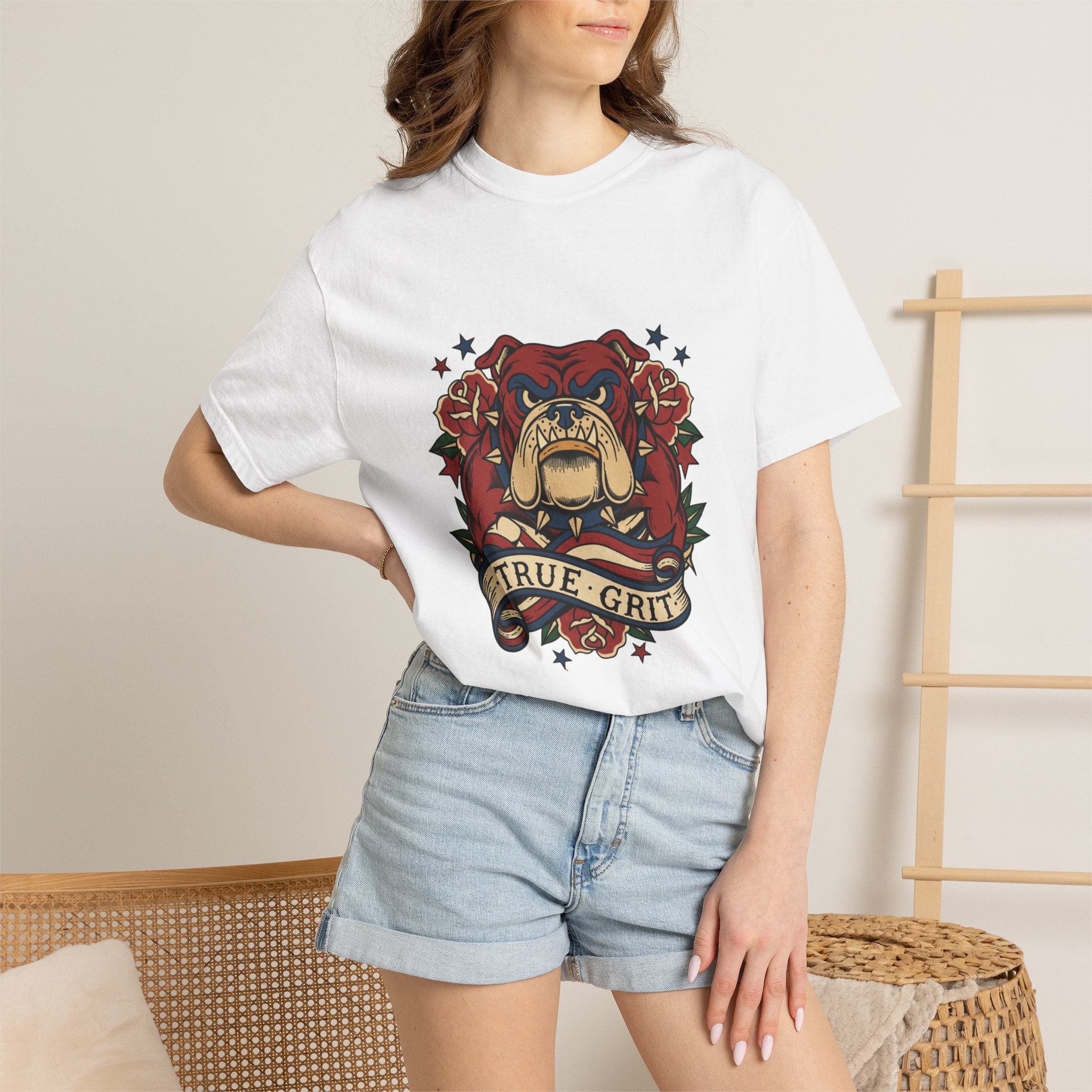 True Grit English Bulldog T-Shirt — Traditional Tattoo Rose Design