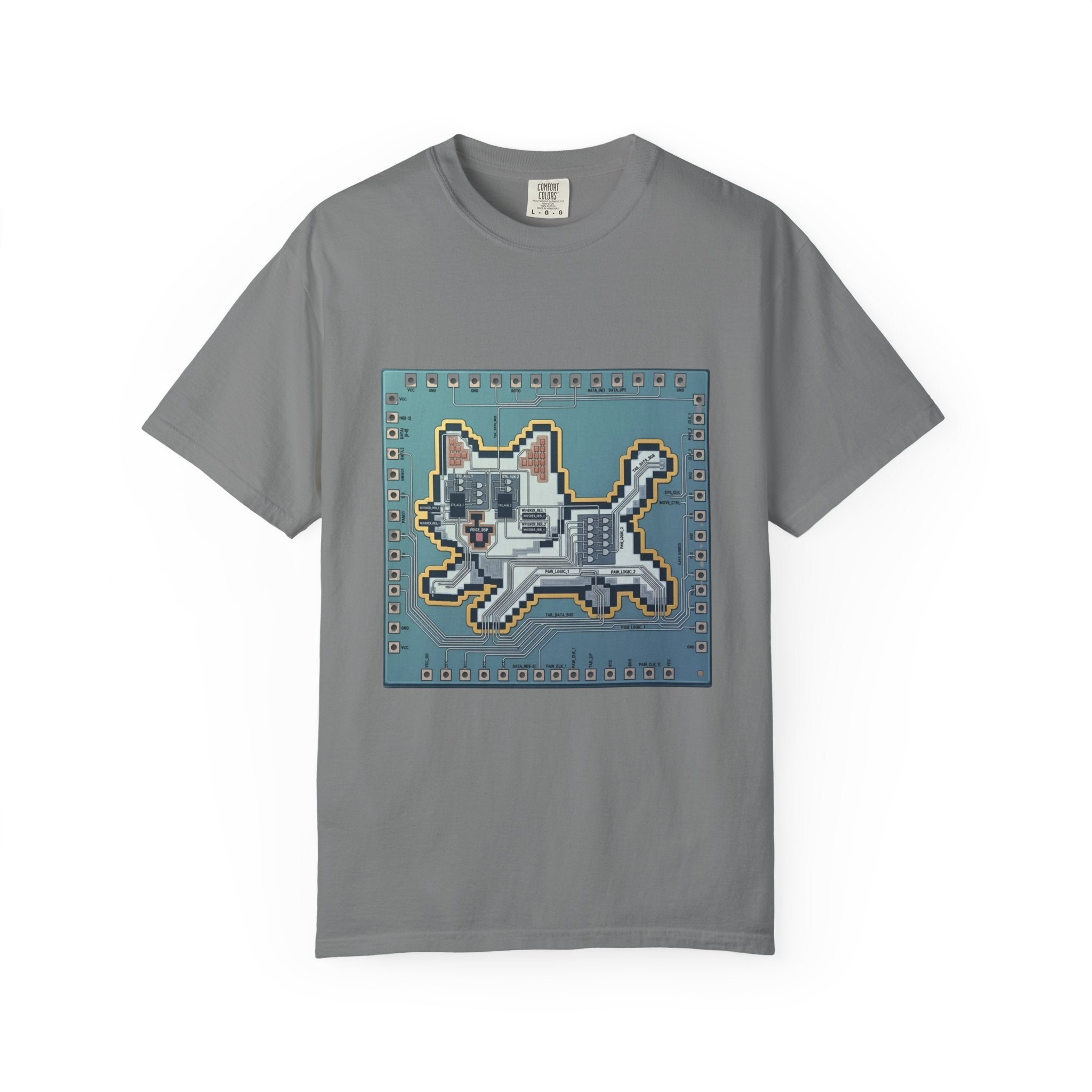 Microchip Cat Tech T-Shirt — Pixelated Processor Circuit Design