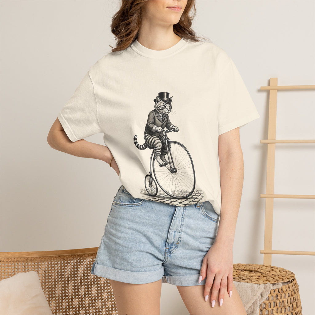 Victorian Dapper Tabby Cat T-Shirt — Penny-Farthing Bicycle Engraving