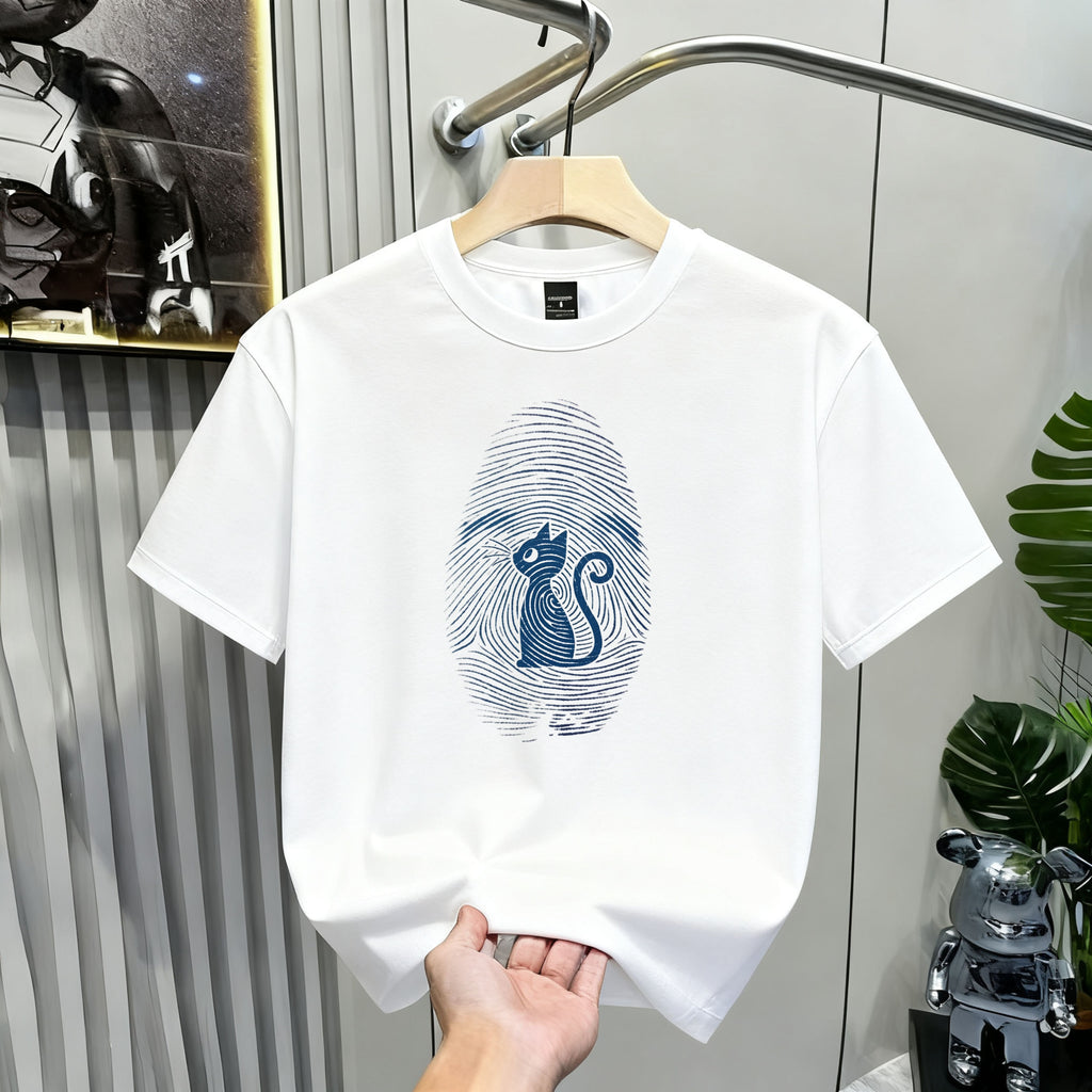 Fingerprint Cat T-Shirt — Minimal Denim Blue Graphic Tee