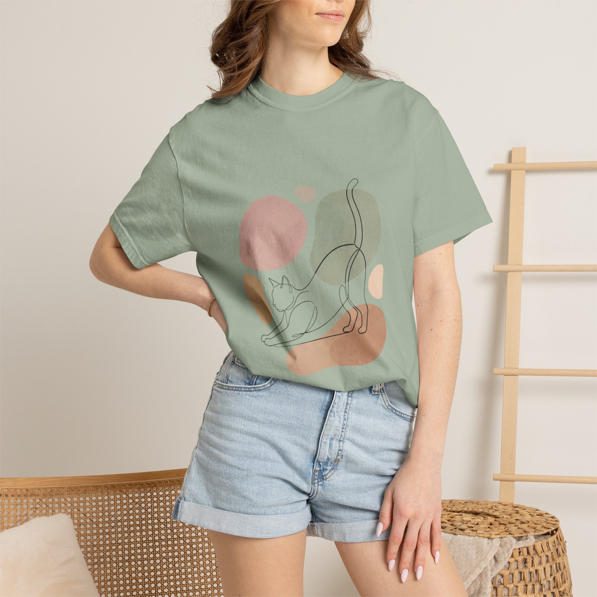 Cat Stretch Line Art T-Shirt — Minimal Boho Scandinavian Pet Graphic