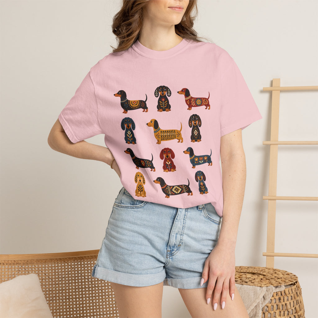 Dachshund Folk Art T-Shirt — 12 Nordic Pattern Wiener Dogs