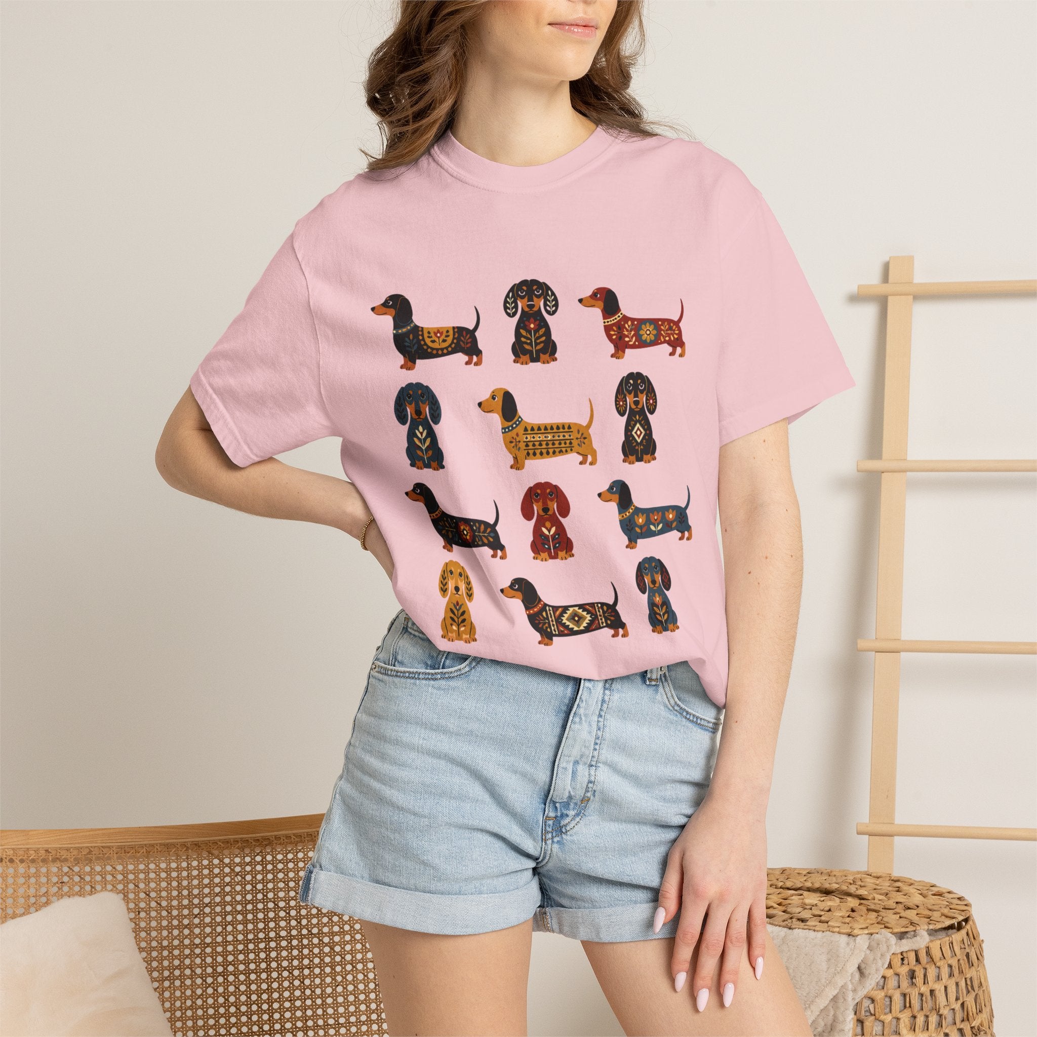 Dachshund Folk Art T-Shirt — 12 Nordic Pattern Wiener Dogs