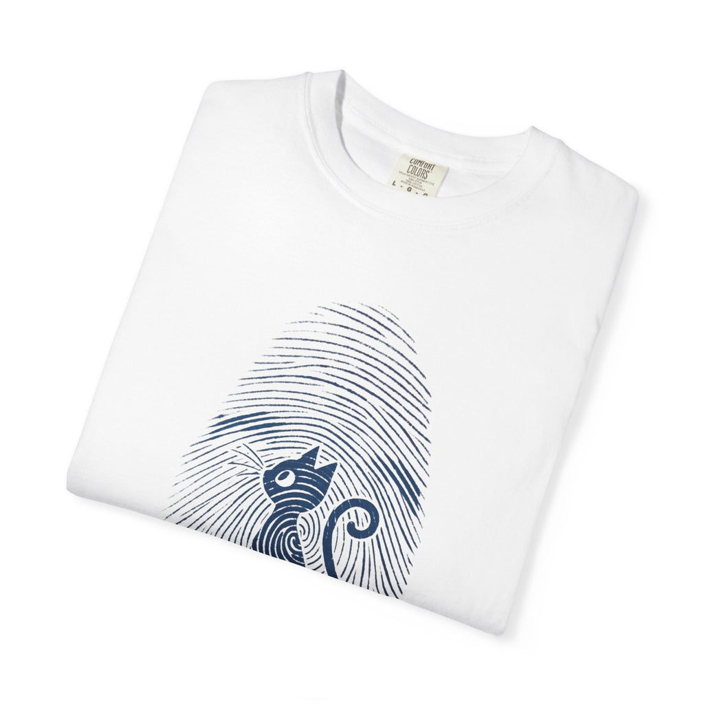 Fingerprint Cat T-Shirt — Minimal Denim Blue Graphic Tee