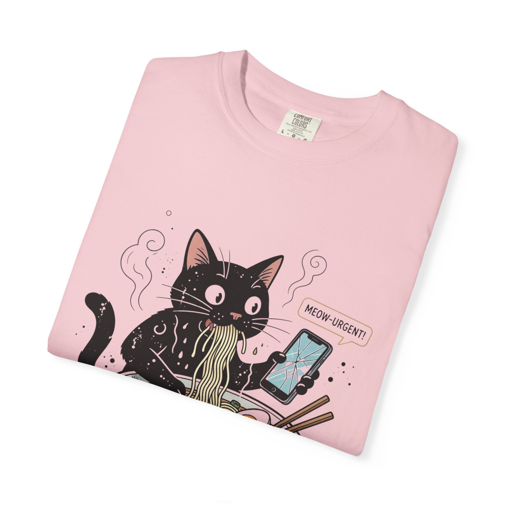 Startled Black Cat Eating Ramen T-Shirt — "MEOW-URGENT!"