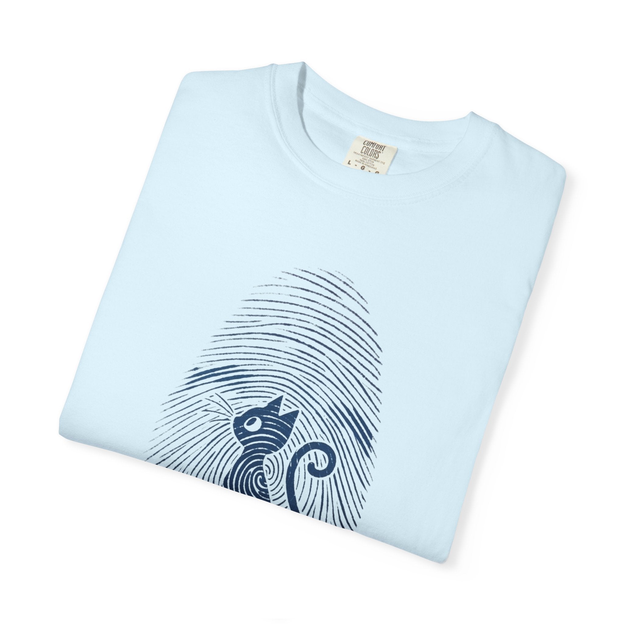 Fingerprint Cat T-Shirt — Minimal Denim Blue Graphic Tee