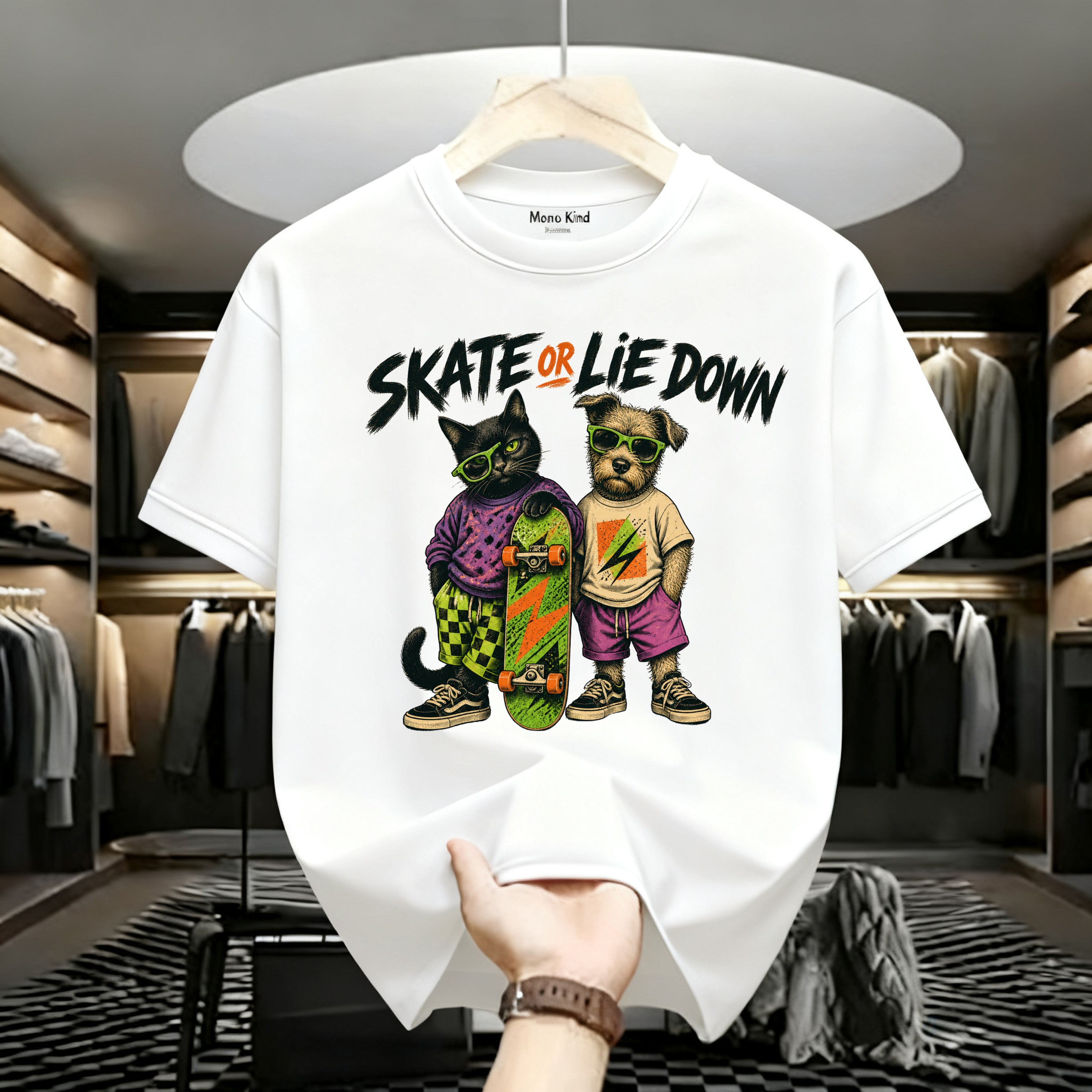 Skate or Lie Down T-Shirt — 90s Retro Skate Cat & Dog Graphic