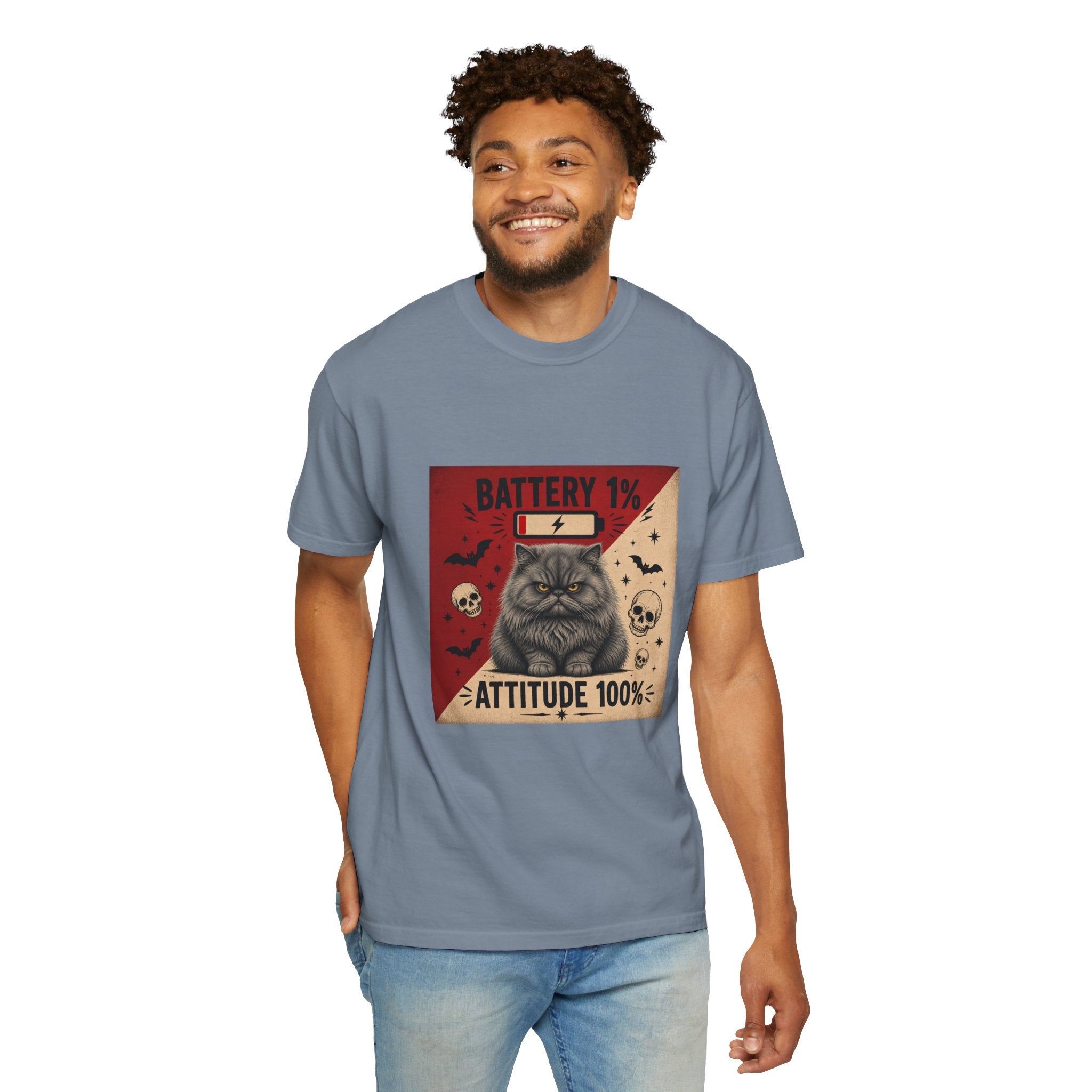 Angry Persian Cat T-Shirt — "Battery 1% / Attitude 100%" Spooky Vintage Graphic