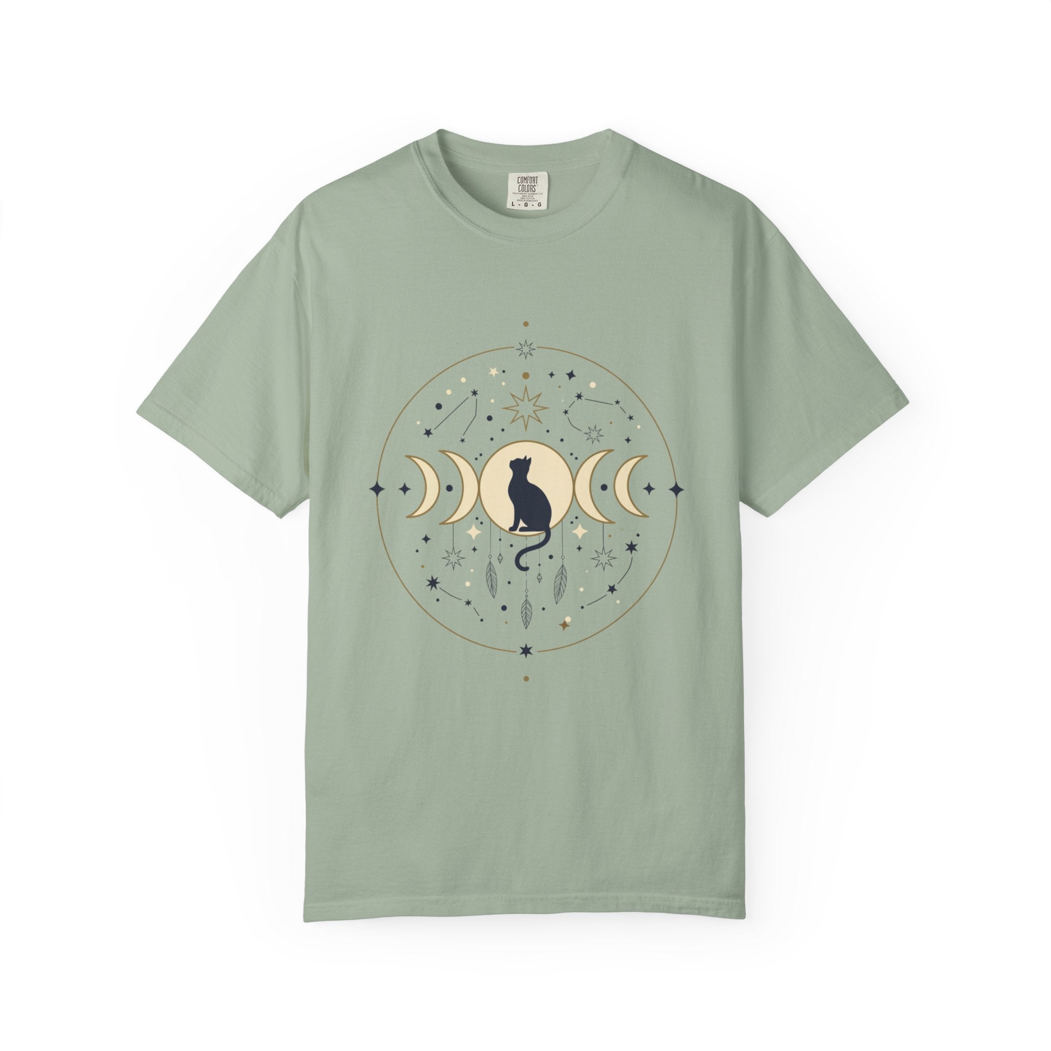 Celestial Cat Moon Phases T-Shirt — Gold & Black Cat Astronomy Tee