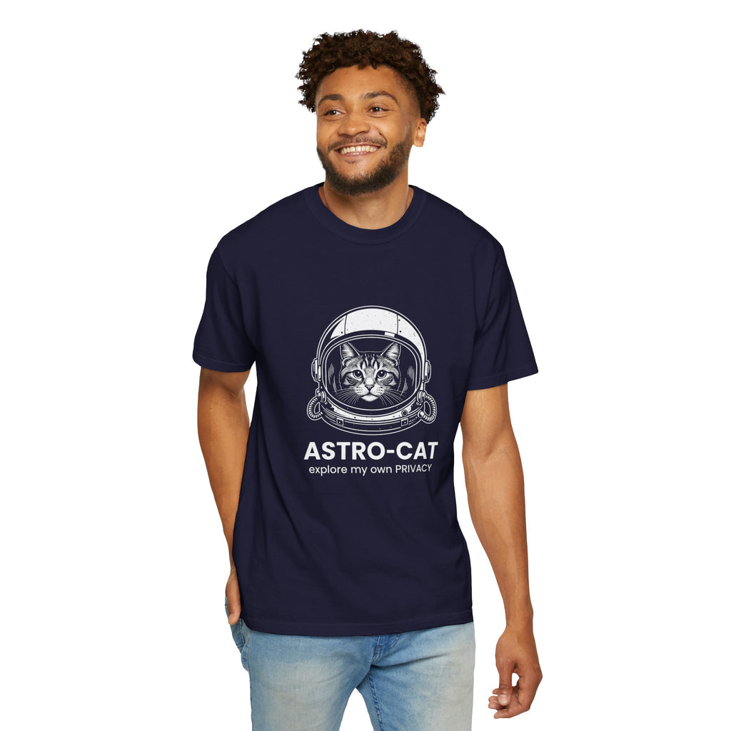 Astro-Cat Tabby Helmet T-Shirt — "explore my own PRIVACY" Retro Space Tee