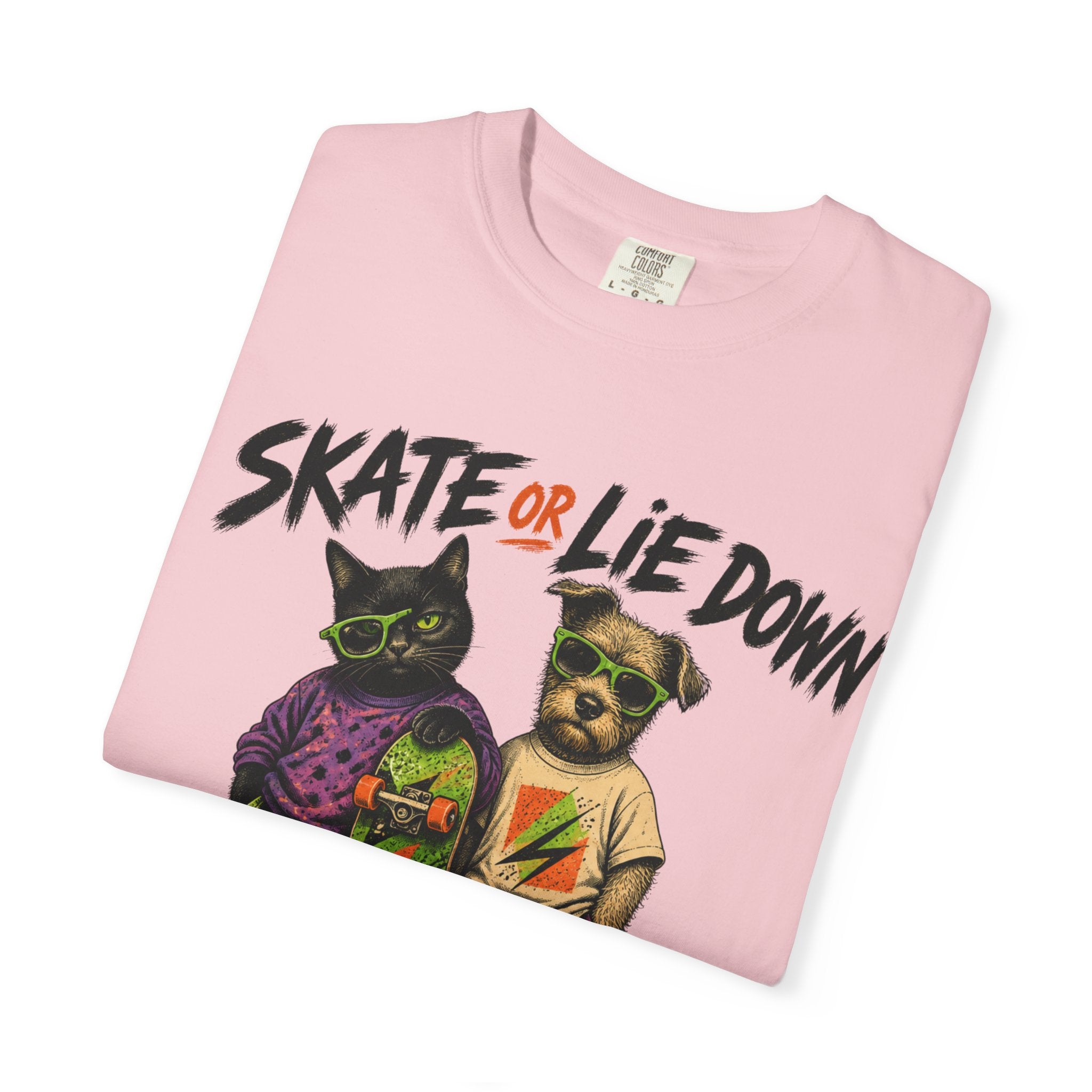 Skate or Lie Down T-Shirt — 90s Retro Skate Cat & Dog Graphic