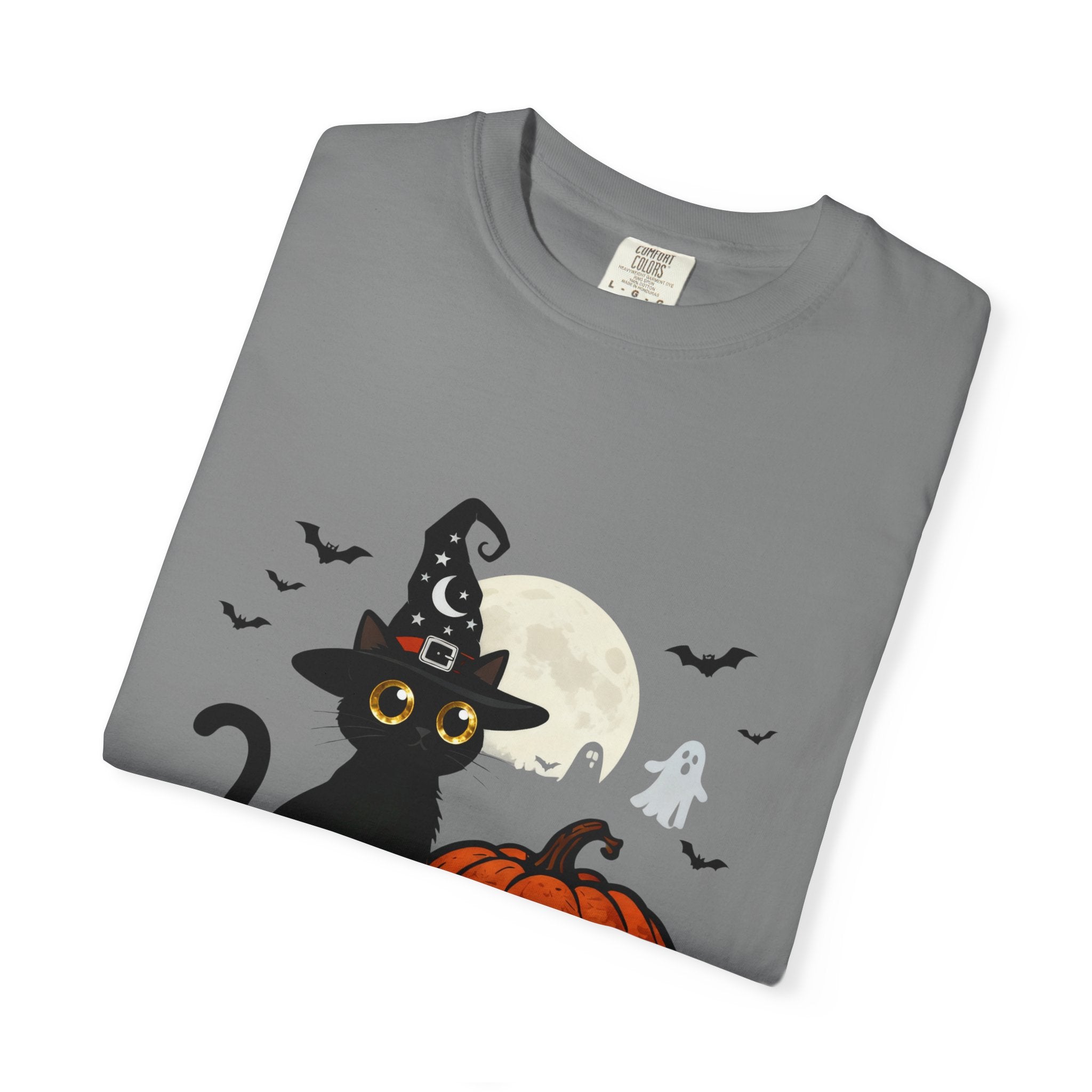 Halloween Black Cat T-Shirt — Cute Witch Hat Pumpkin Moon Design