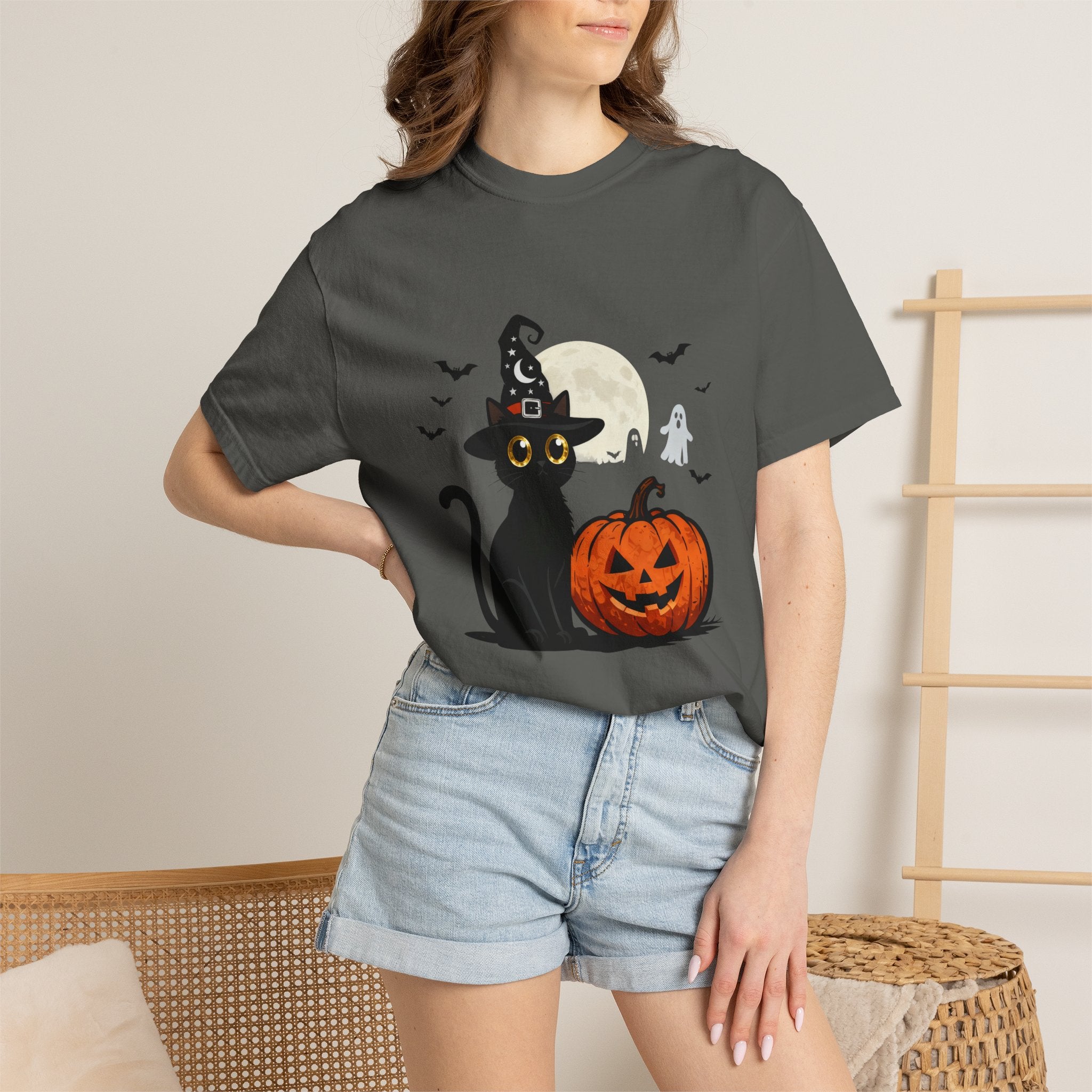 Halloween Black Cat T-Shirt — Cute Witch Hat Pumpkin Moon Design