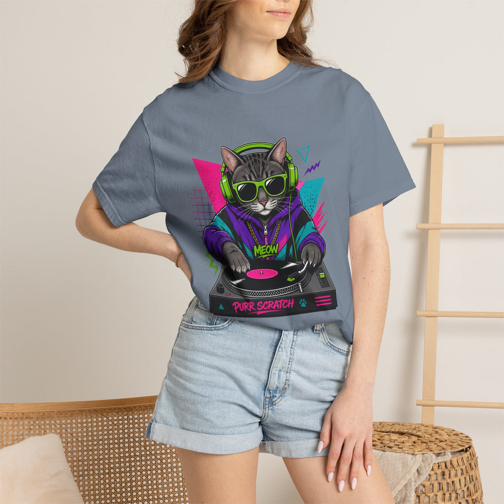 Purr Scratch DJ Cat T-Shirt — Retro 90s Neon Vinyl Graphic Tee