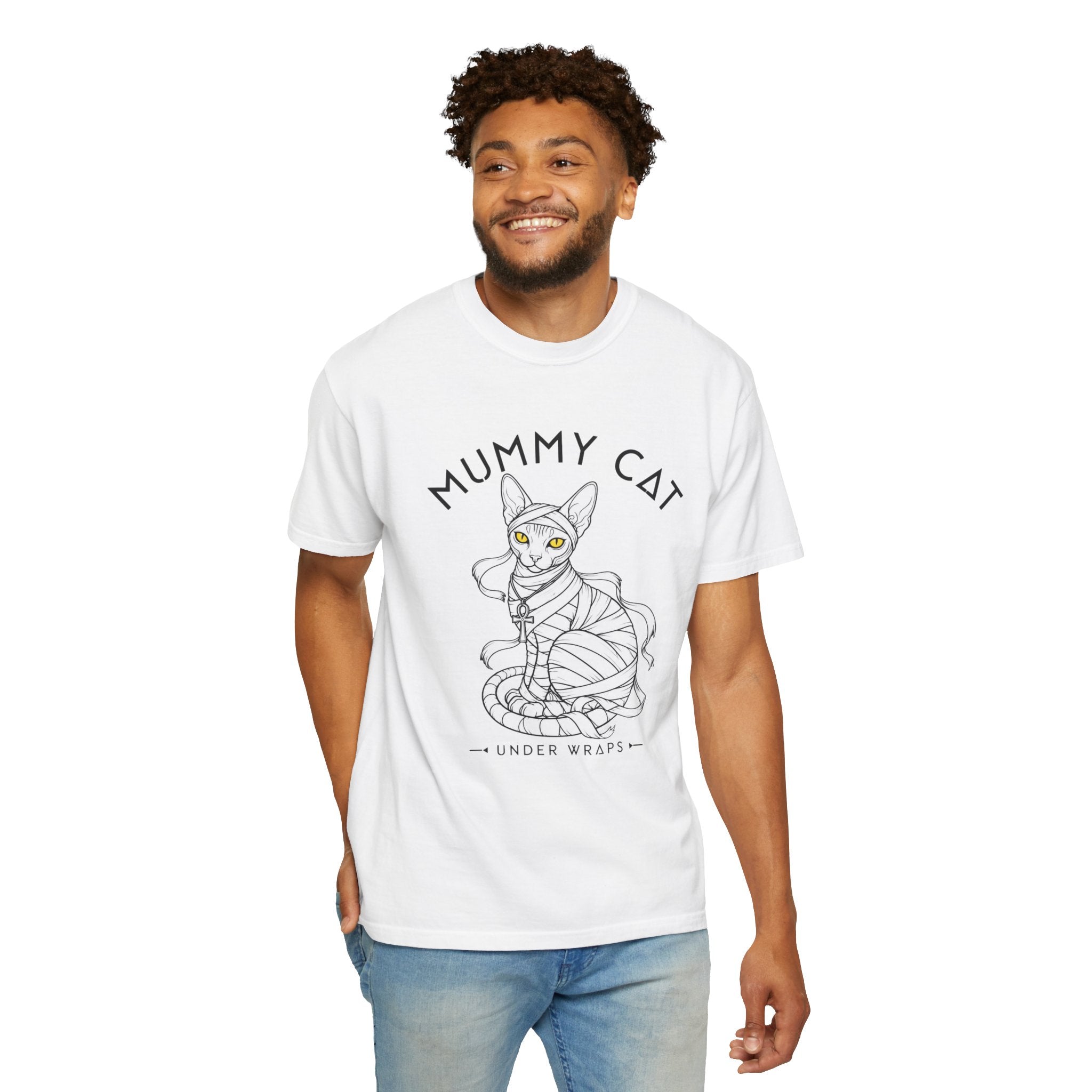 Mummy Cat T-Shirt — Sphynx Mummy Cat with Ankh, "UNDER WRAPS"