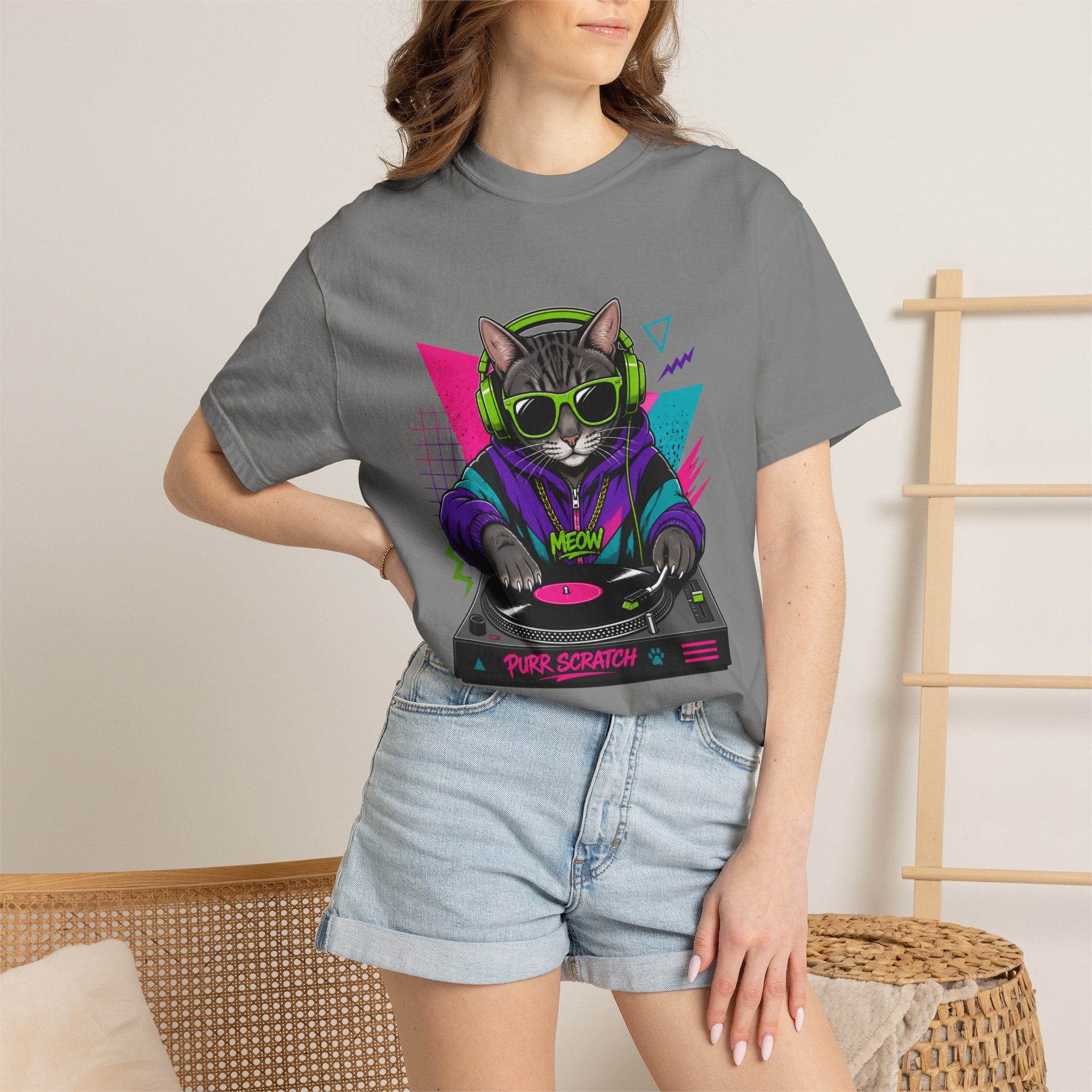 Purr Scratch DJ Cat T-Shirt — Retro 90s Neon Vinyl Graphic Tee