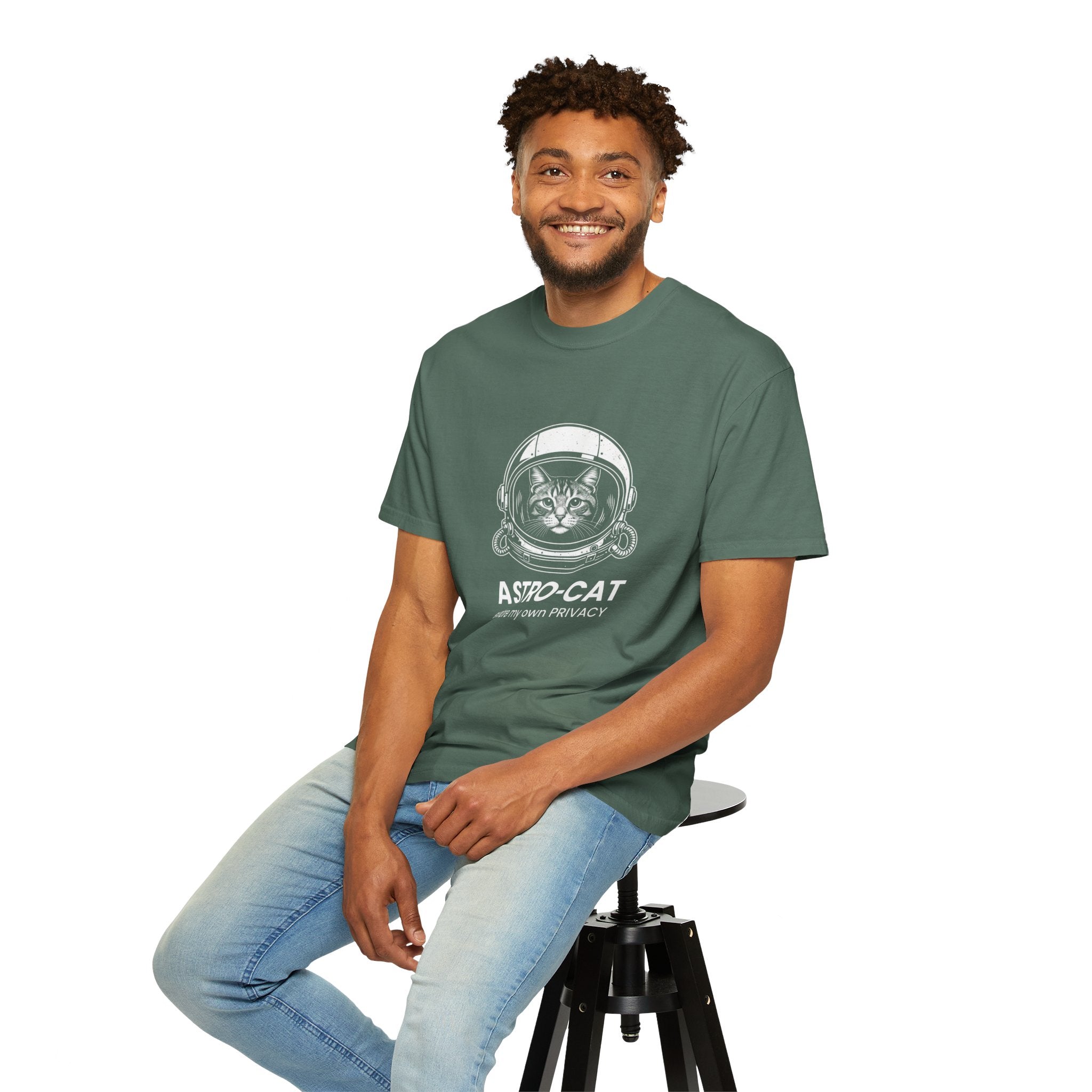 Astro-Cat Tabby Helmet T-Shirt — "explore my own PRIVACY" Retro Space Tee
