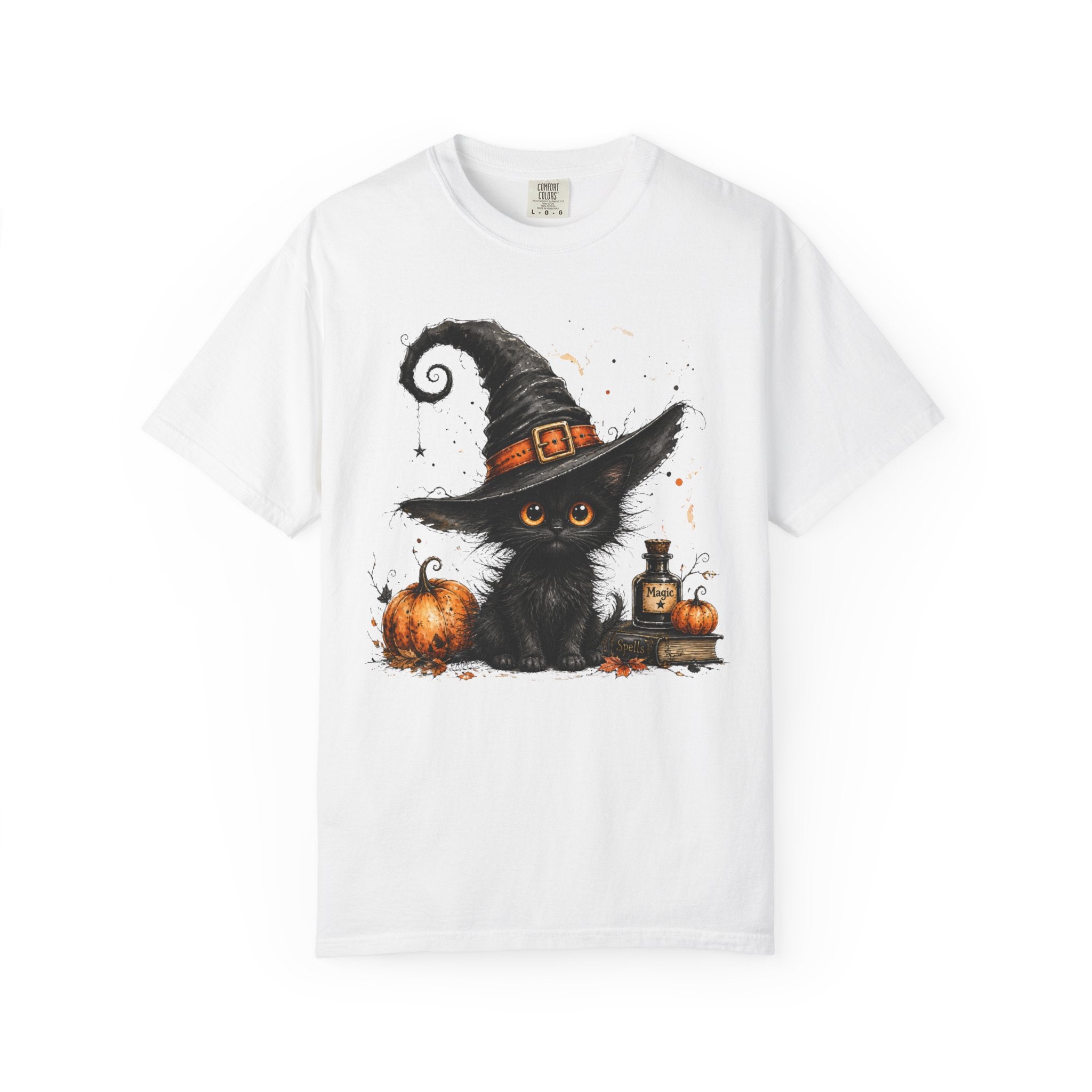 Fluffy Black Kitten Witch T-Shirt — 'Magic' Spellbook Halloween Tee