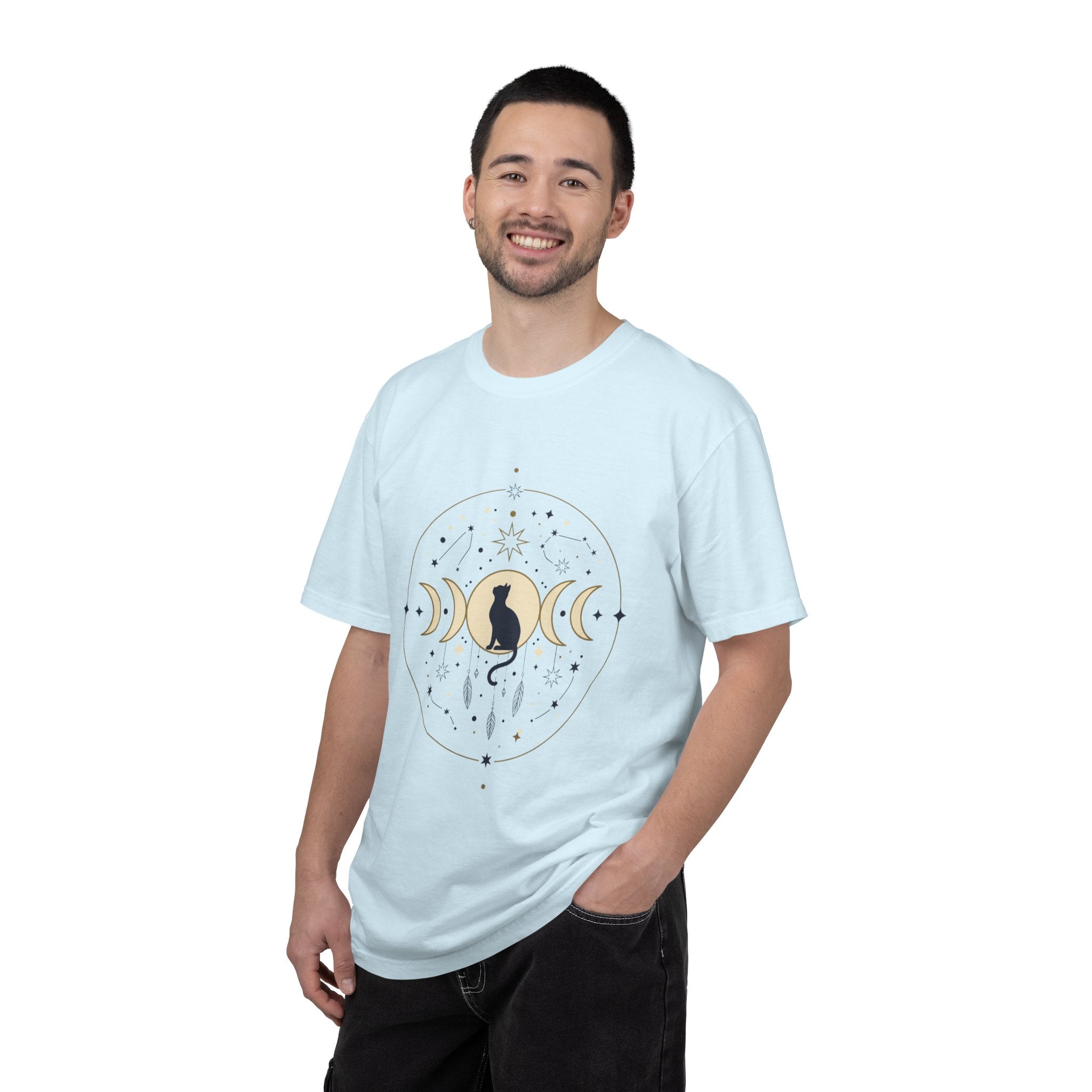 Celestial Cat Moon Phases T-Shirt — Gold & Black Cat Astronomy Tee