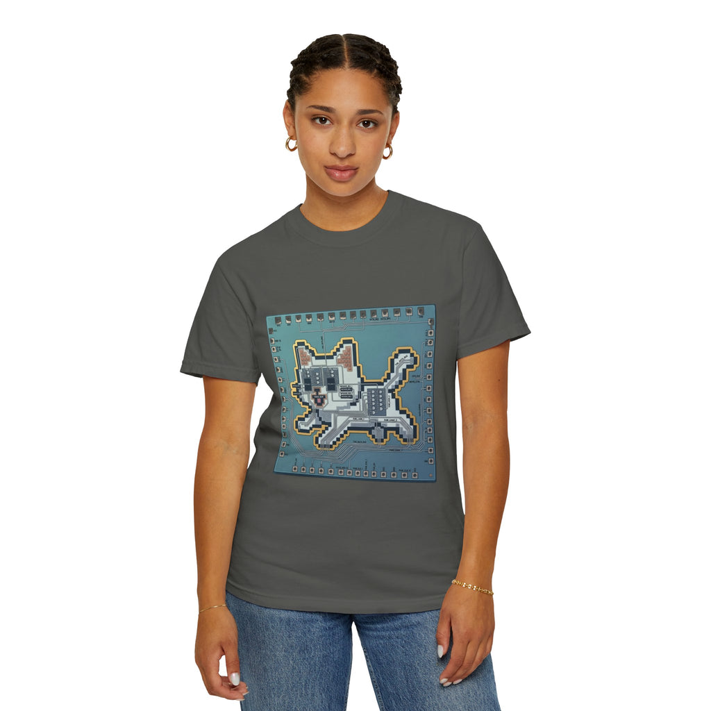 Microchip Cat Tech T-Shirt — Pixelated Processor Circuit Design