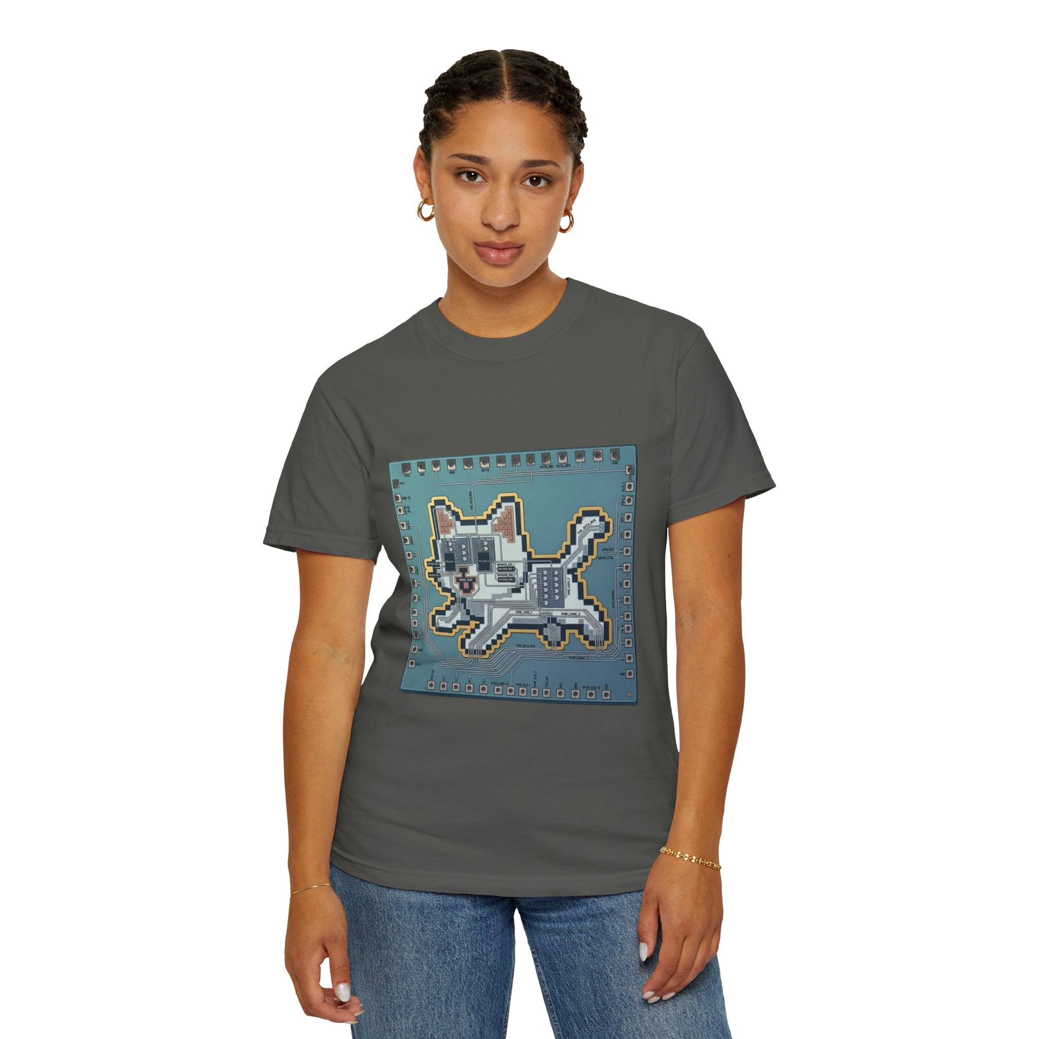 Microchip Cat Tech T-Shirt — Pixelated Processor Circuit Design