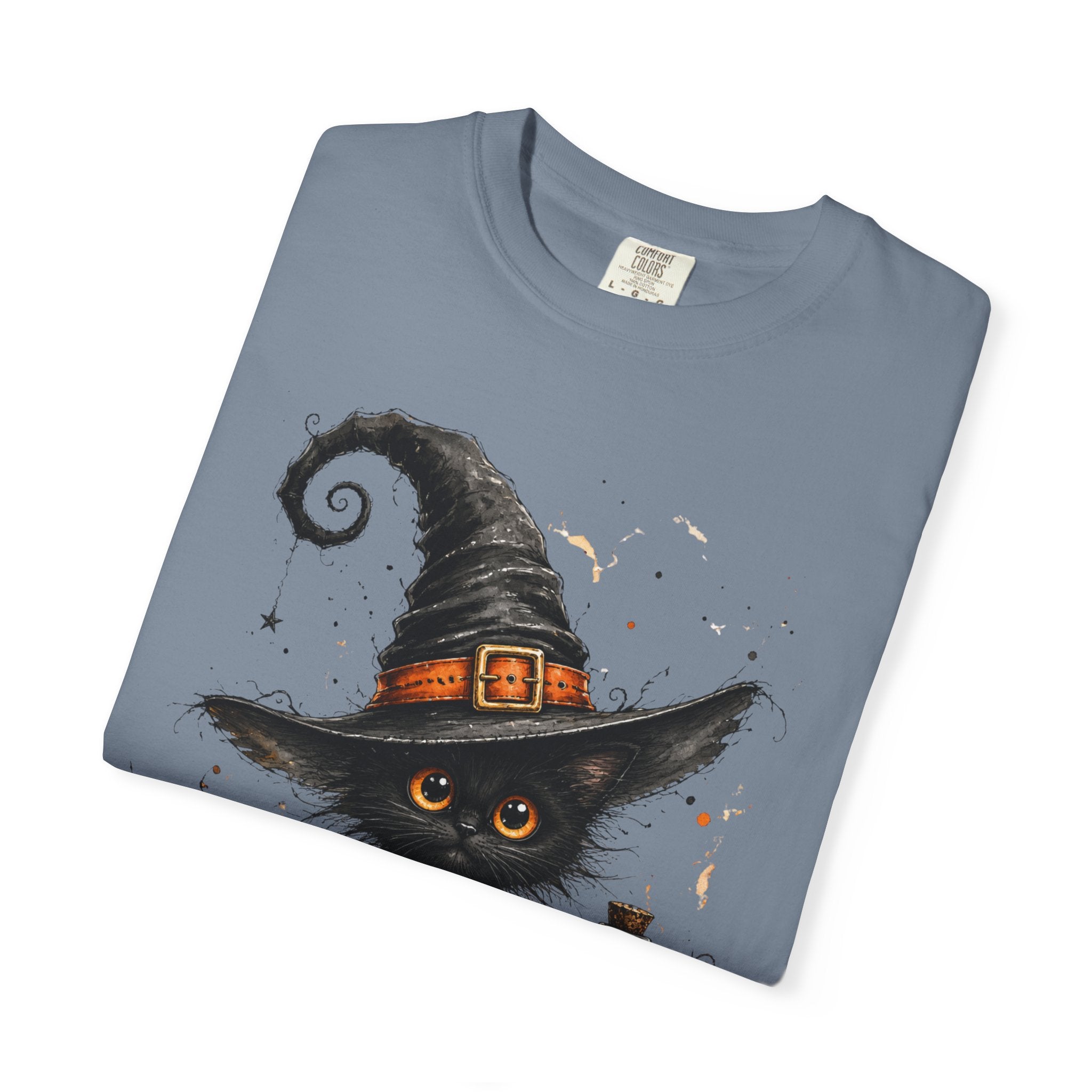 Fluffy Black Kitten Witch T-Shirt — 'Magic' Spellbook Halloween Tee