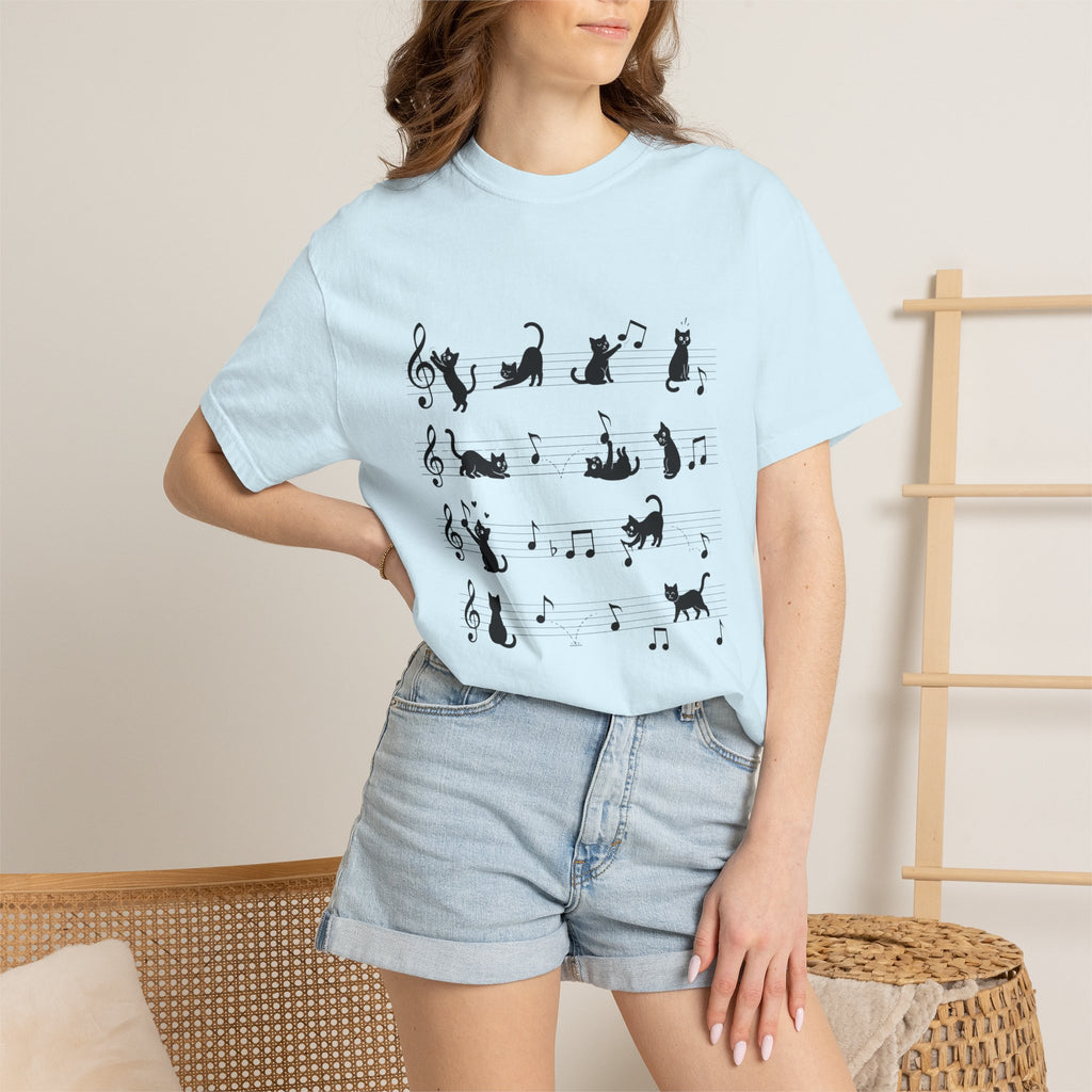 Cat Music Staff T-Shirt — Playful Cats on Sheet Music Graphic Tee