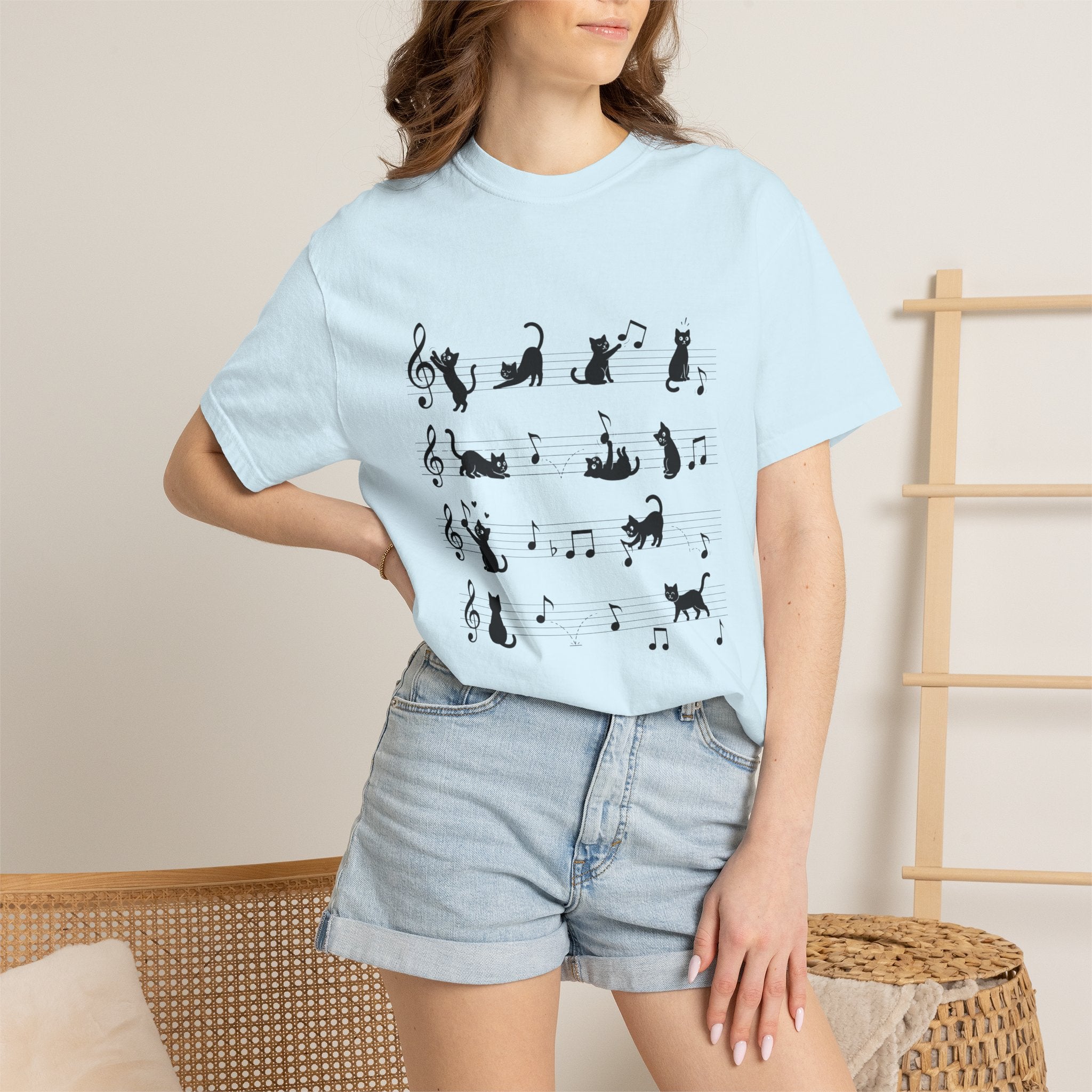Cat Music Staff T-Shirt — Playful Cats on Sheet Music Graphic Tee