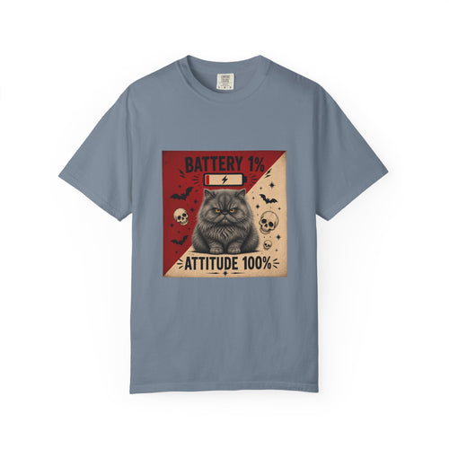 Angry Persian Cat T-Shirt — "Battery 1% / Attitude 100%" Spooky Vintage Graphic