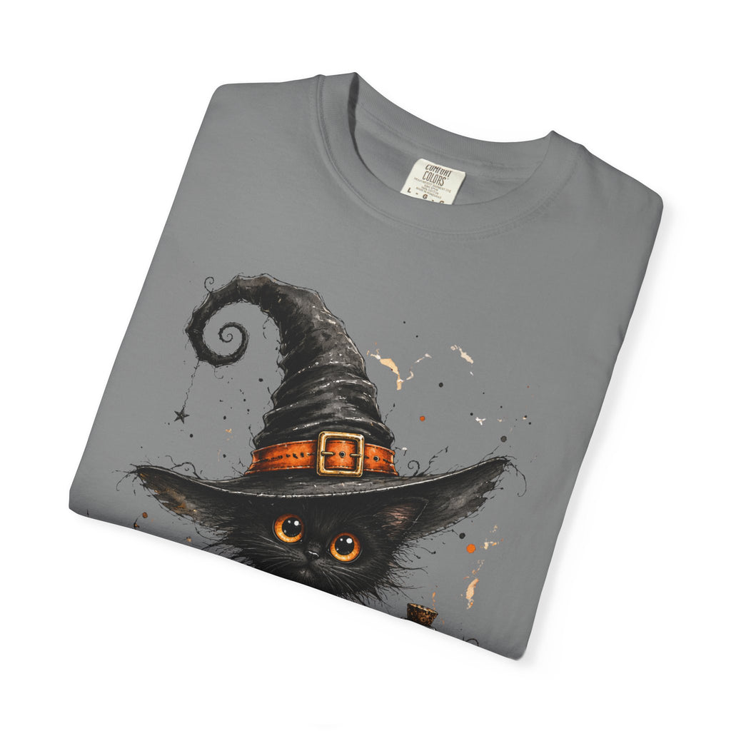 Fluffy Black Kitten Witch T-Shirt — 'Magic' Spellbook Halloween Tee