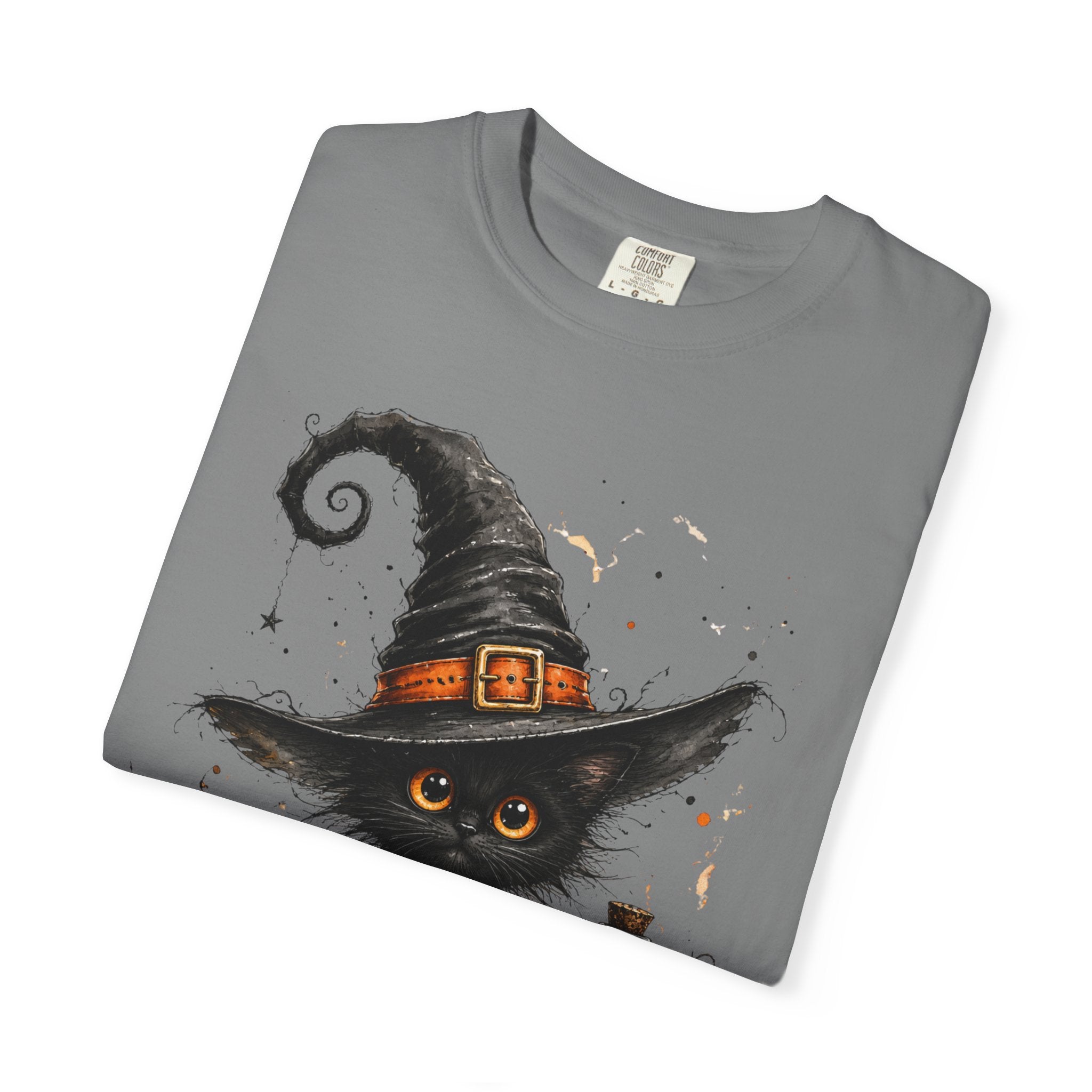 Fluffy Black Kitten Witch T-Shirt — 'Magic' Spellbook Halloween Tee