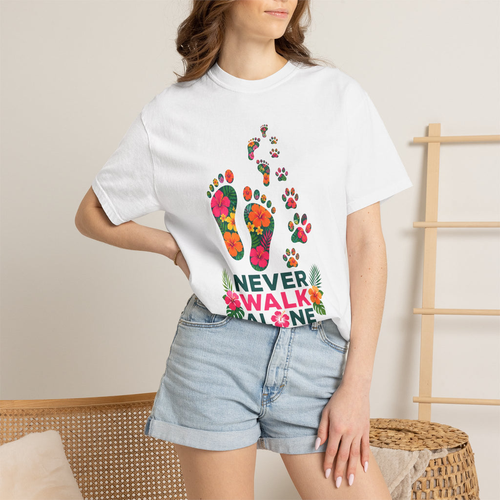 Never Walk Alone T-Shirt — Tropical Footprints & Paw Prints Graphic