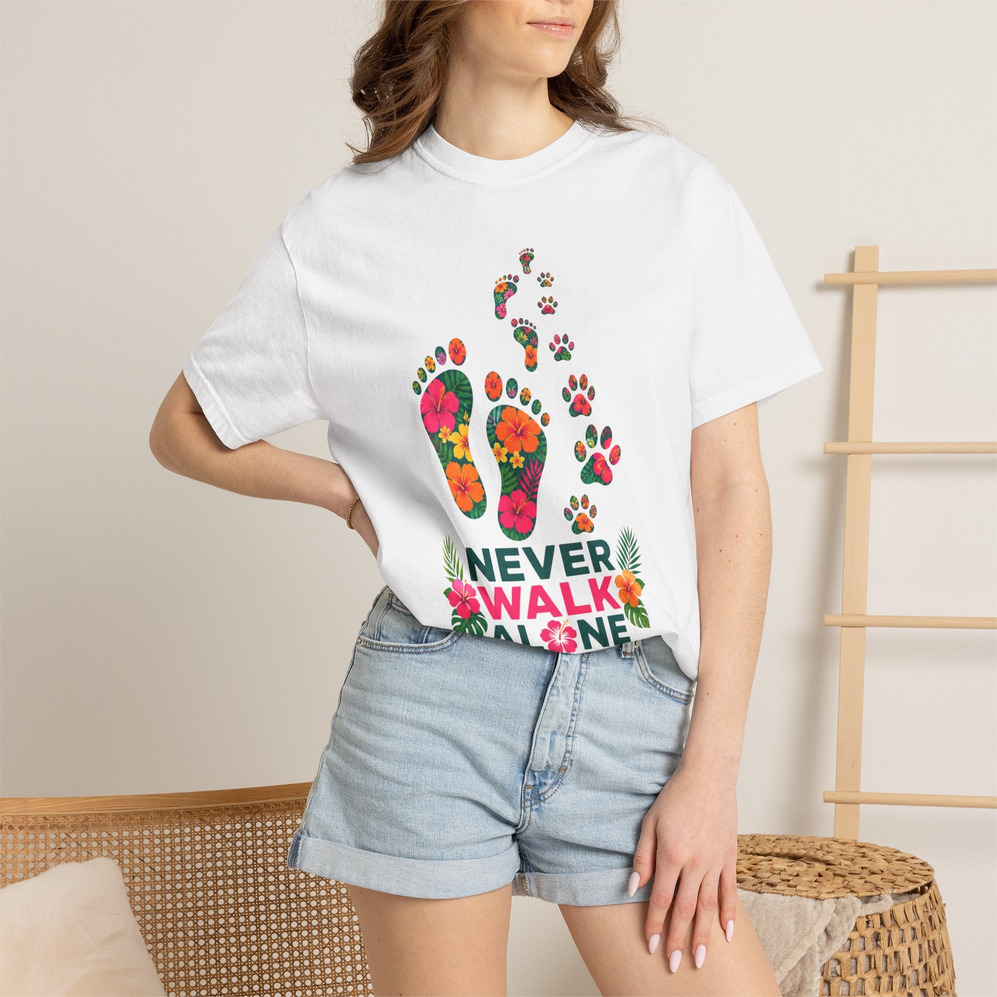 Never Walk Alone T-Shirt — Tropical Footprints & Paw Prints Graphic